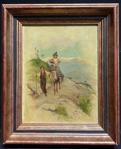 Figures de passages montagneux chevauchant un âne signé, peinture à l'huile italienne ancienne