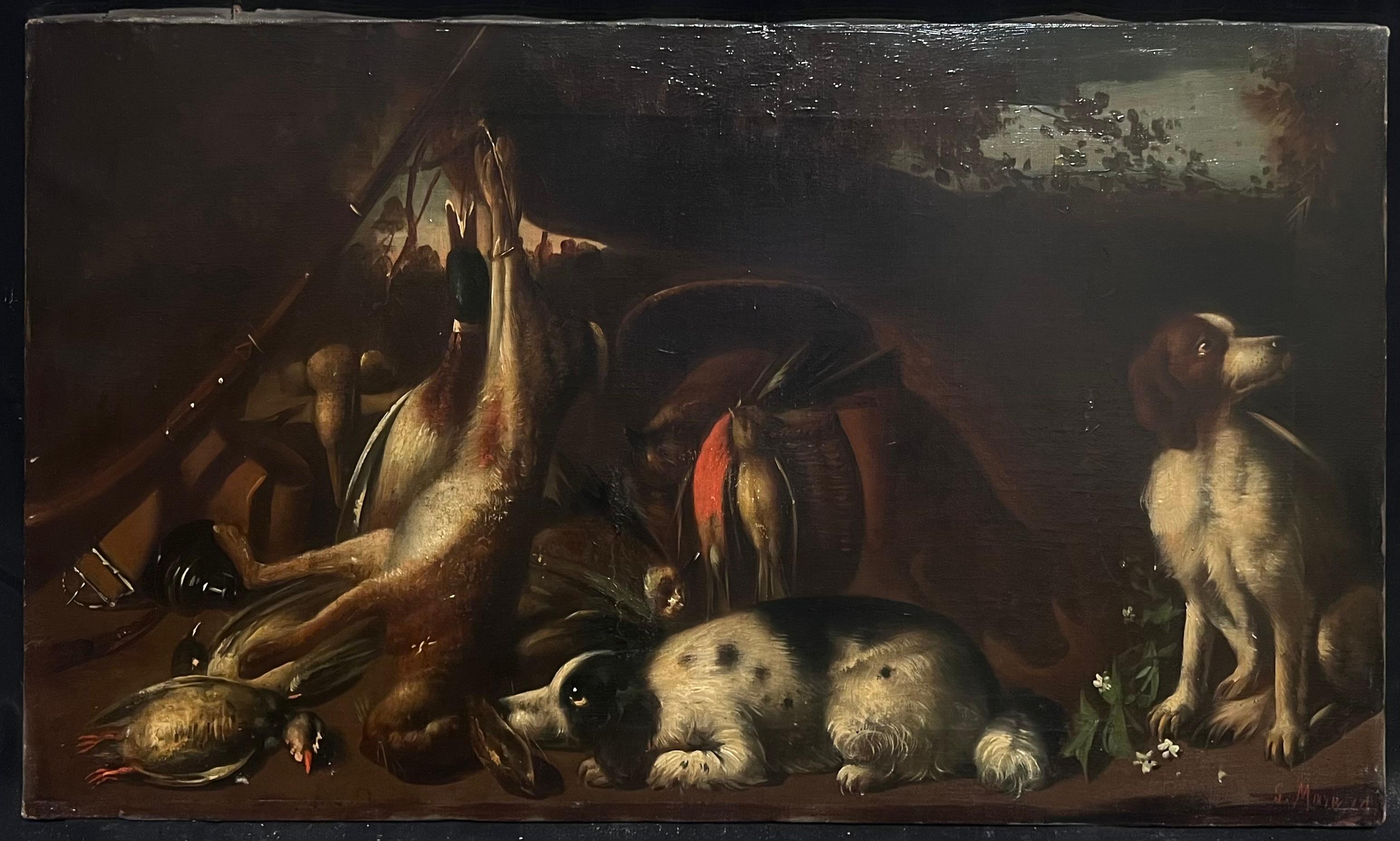 Large Antique Oil Still Life with Hunting Dogs & Game Classic Sporting Scene - Painting by Italian 19th Century