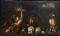 Large Antique Oil Still Life with Hunting Dogs & Game Classic Sporting Scene