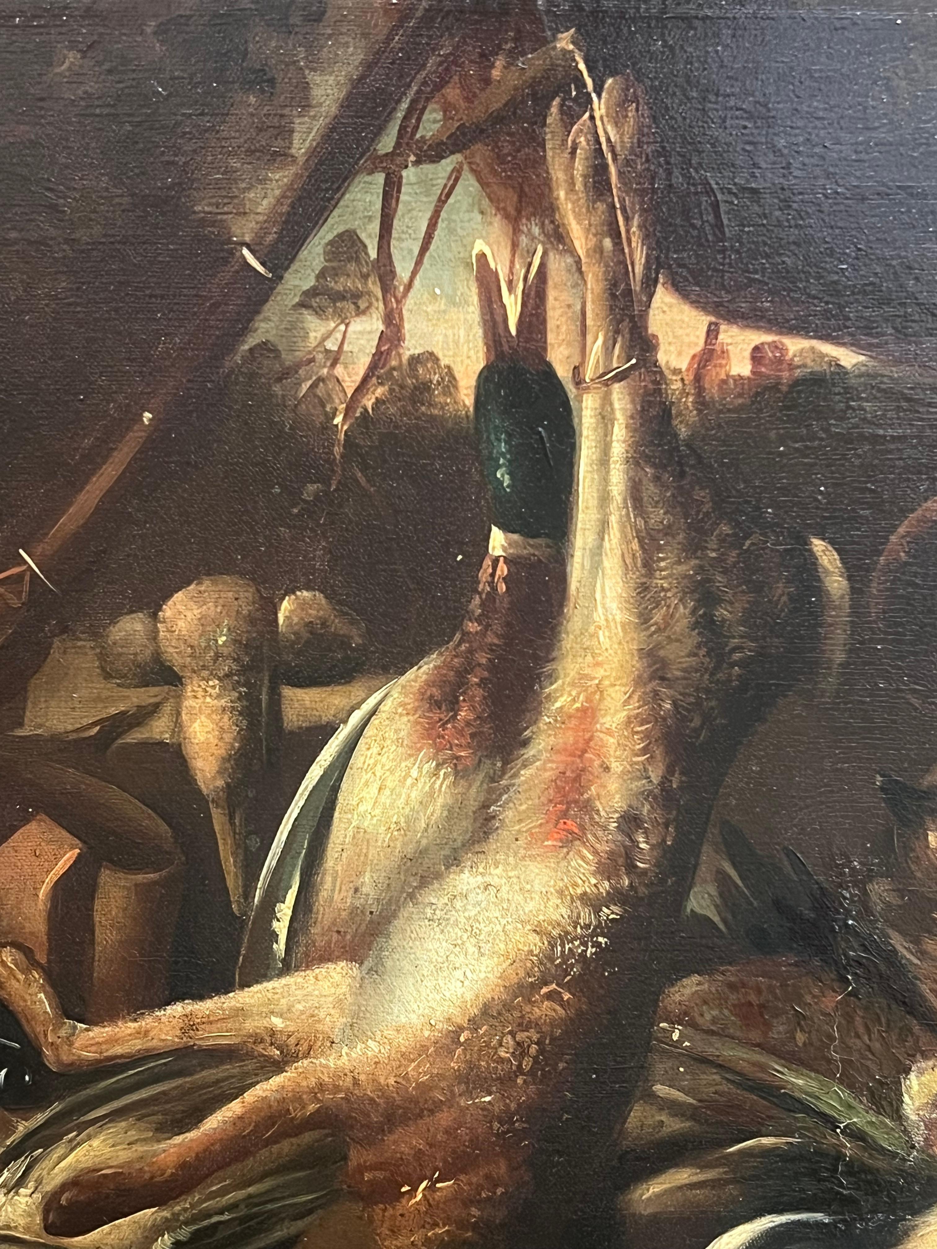 Large Antique Oil Still Life with Hunting Dogs & Game Classic Sporting Scene - Old Masters Painting by Italian 19th Century
