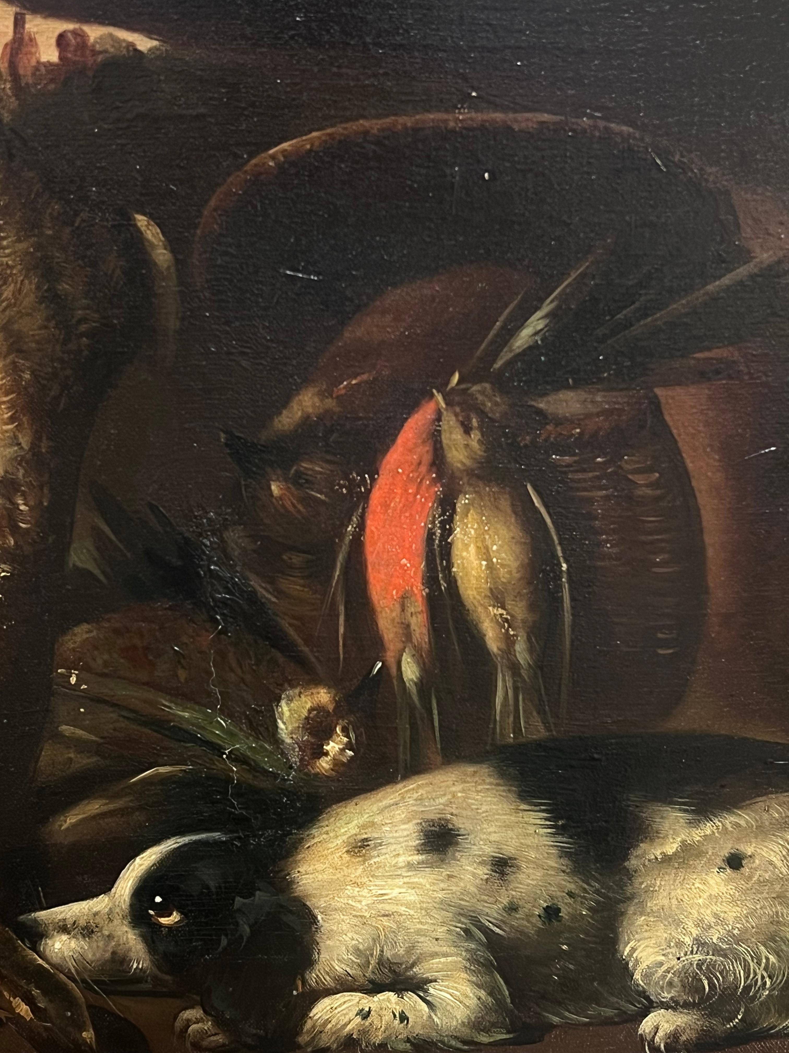 Large Antique Oil Still Life with Hunting Dogs & Game Classic Sporting Scene For Sale 1