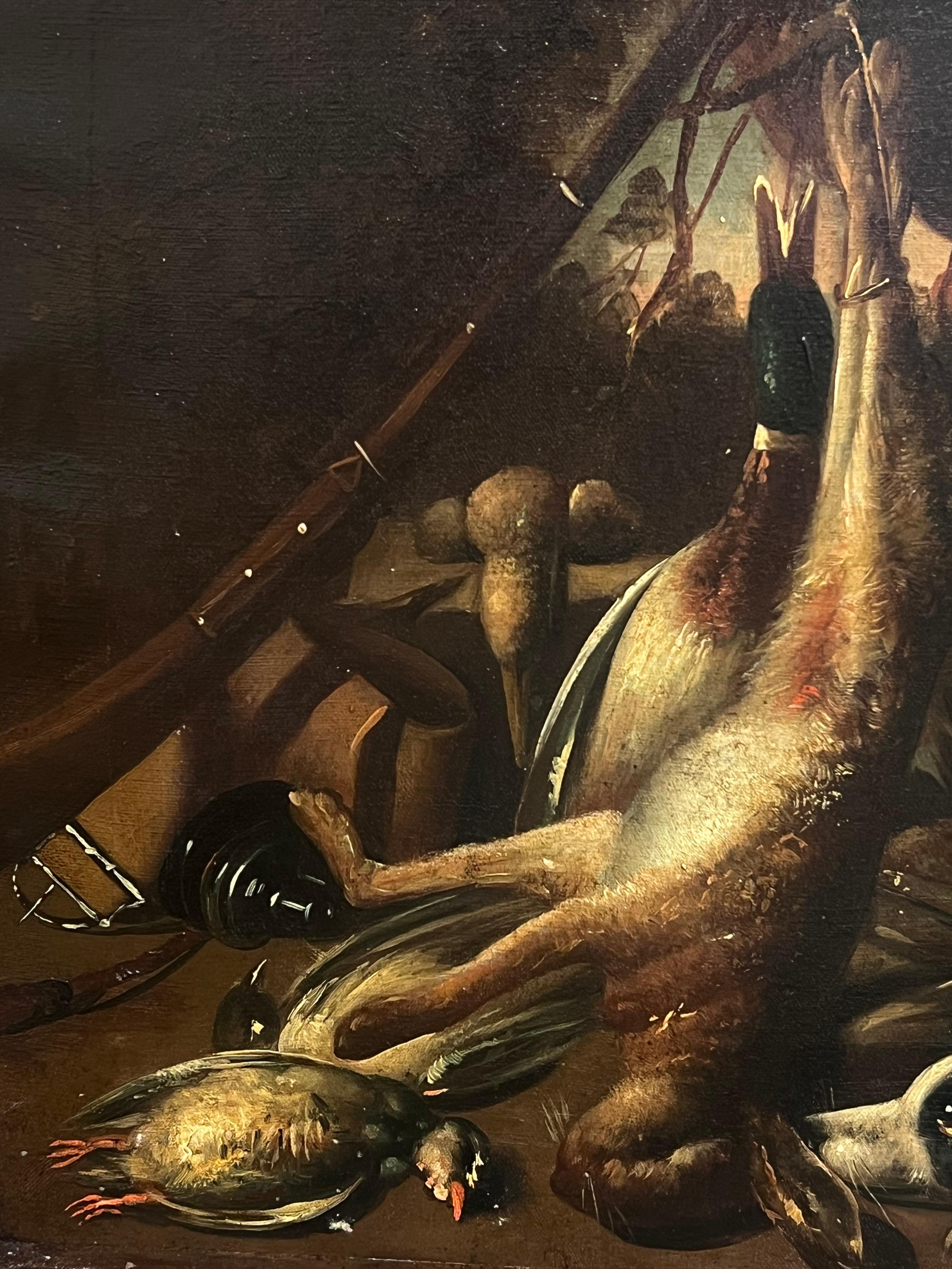 Large Antique Oil Still Life with Hunting Dogs & Game Classic Sporting Scene For Sale 2
