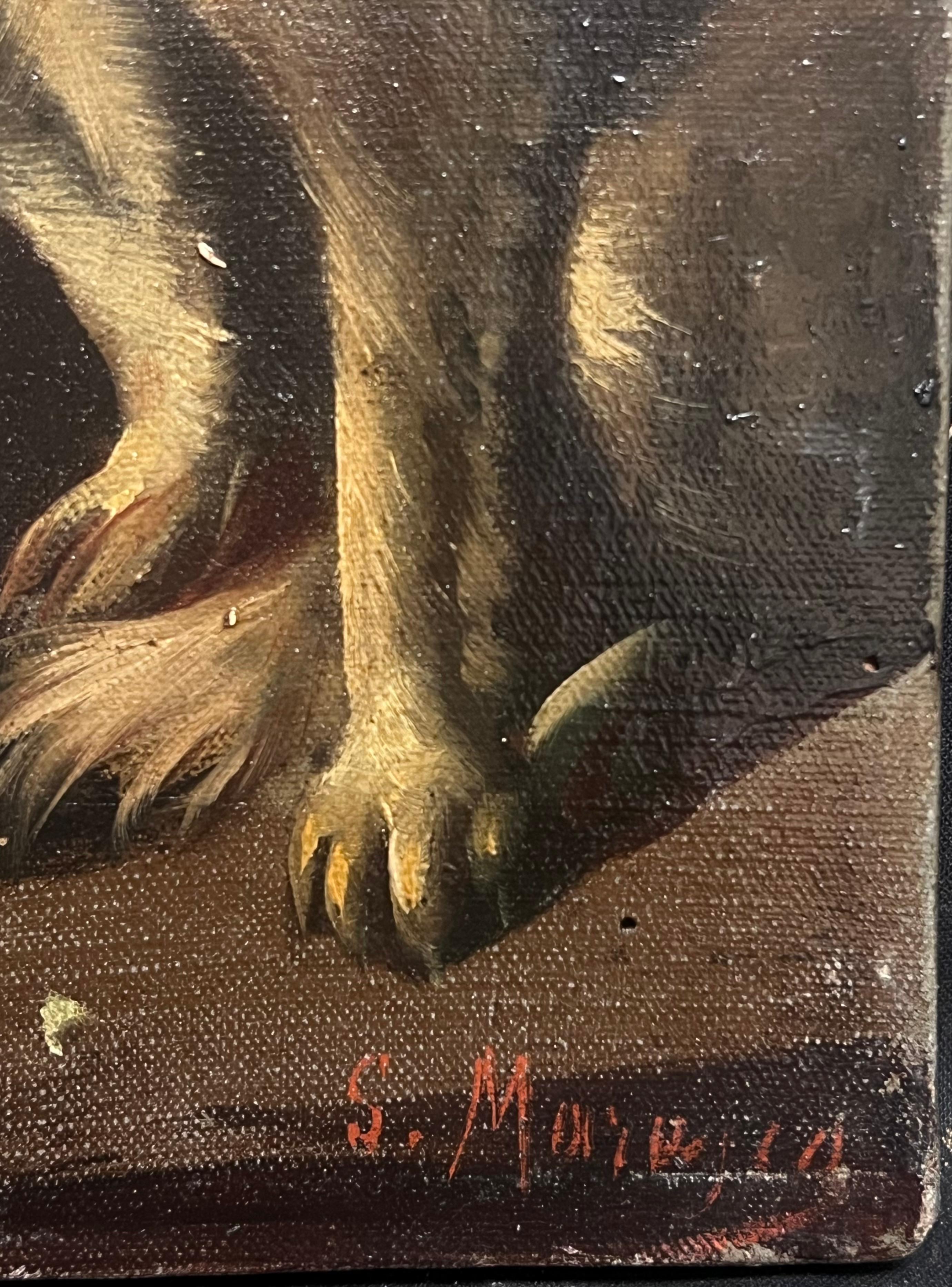 Large Antique Oil Still Life with Hunting Dogs & Game Classic Sporting Scene For Sale 3