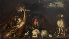 Large Antique Oil Still Life with Hunting Dogs & Game Classic Sporting Scene