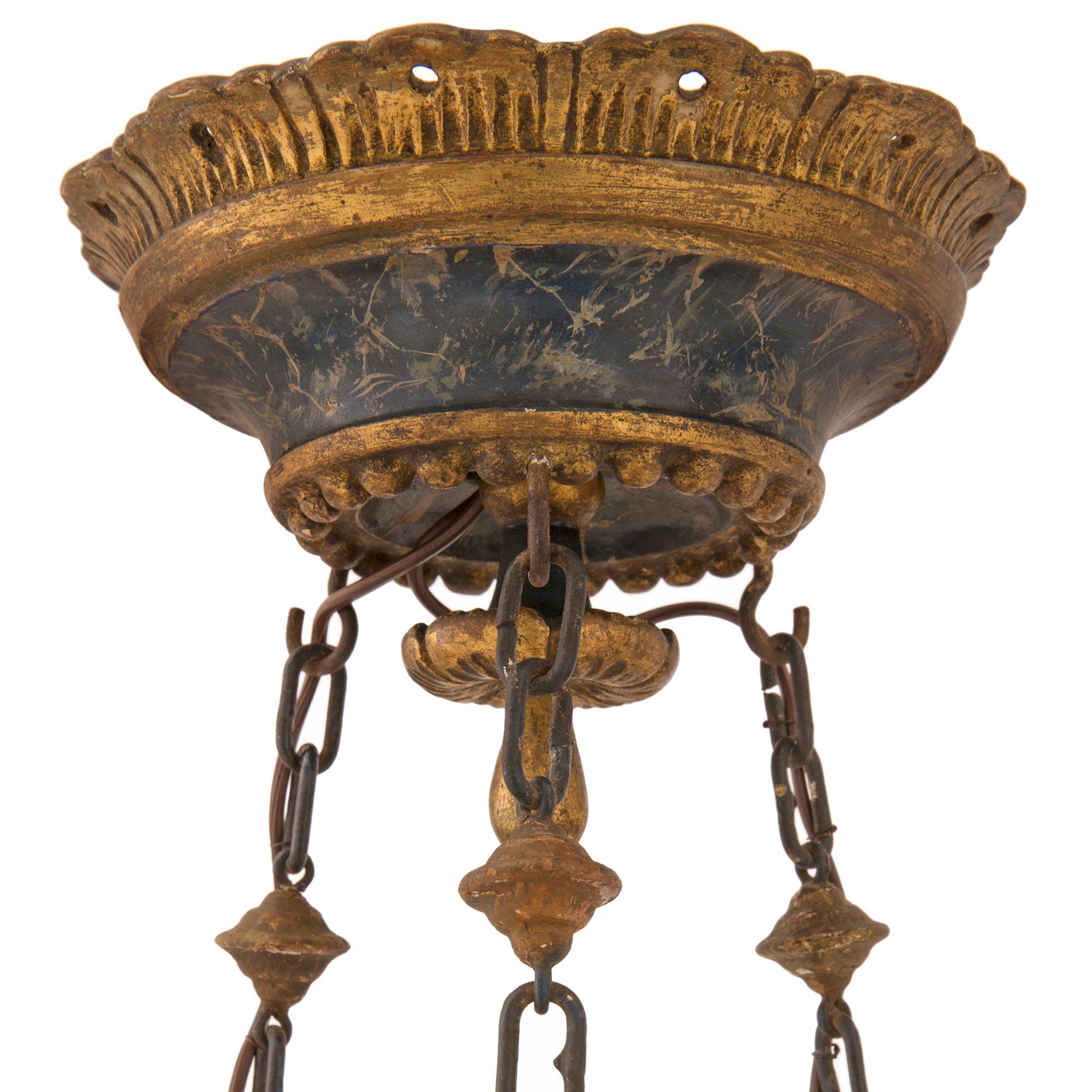 Louis XVI Italian 19th Century Patinated and Giltwood Six-Arm Chandelier For Sale
