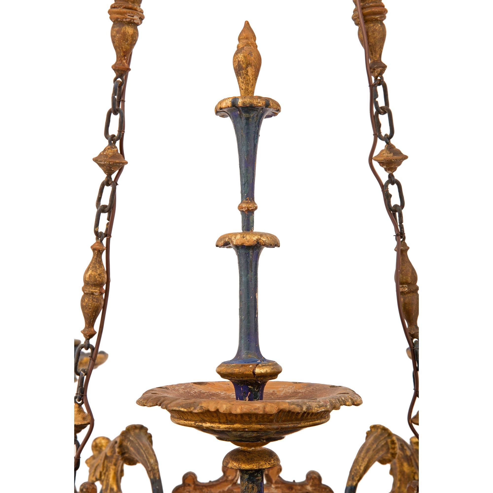 Italian 19th Century Patinated and Giltwood Six-Arm Chandelier In Good Condition For Sale In West Palm Beach, FL