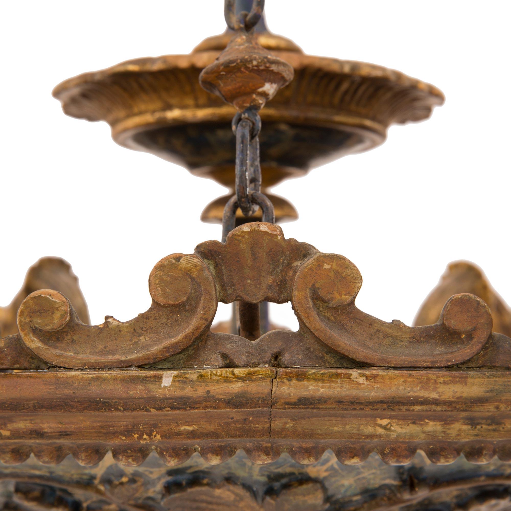Wood Italian 19th Century Patinated and Giltwood Six-Arm Chandelier For Sale