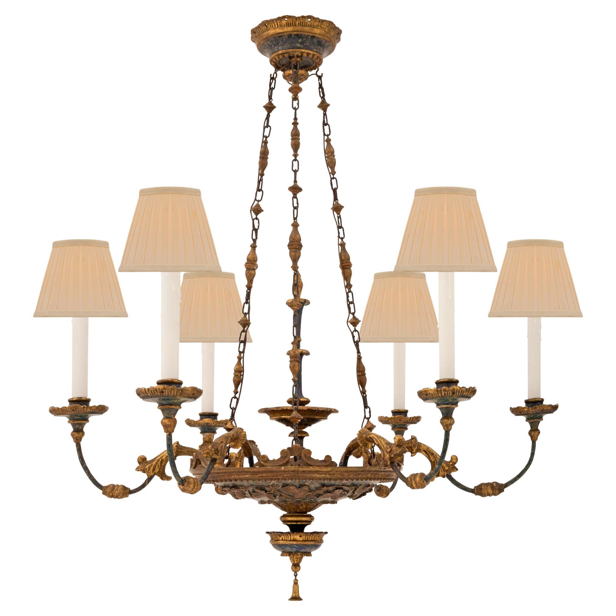 Italian 19th Century Patinated and Giltwood Six-Arm Chandelier