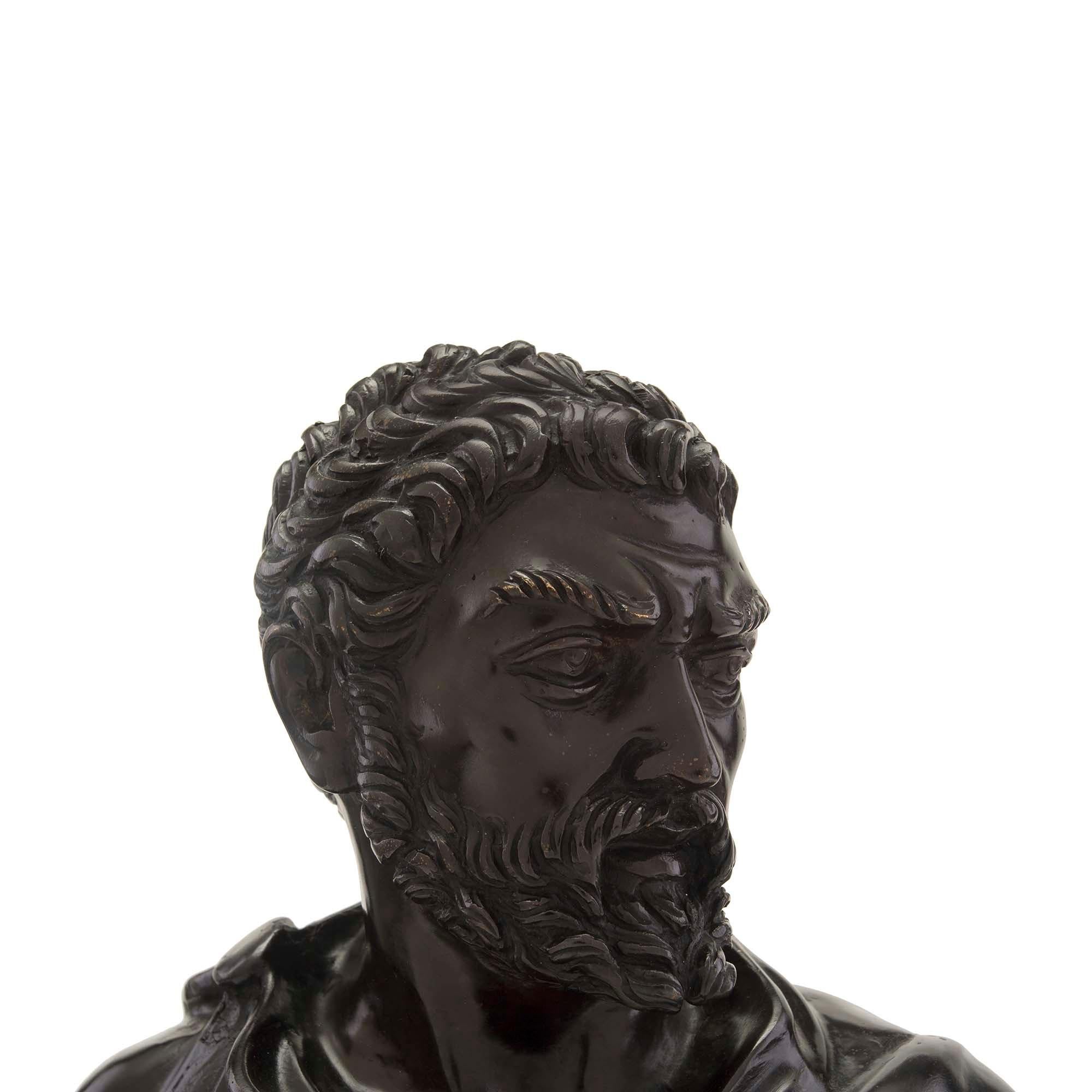 Italian 19th Century Patinated Bronze and Marble Bust In Good Condition For Sale In West Palm Beach, FL