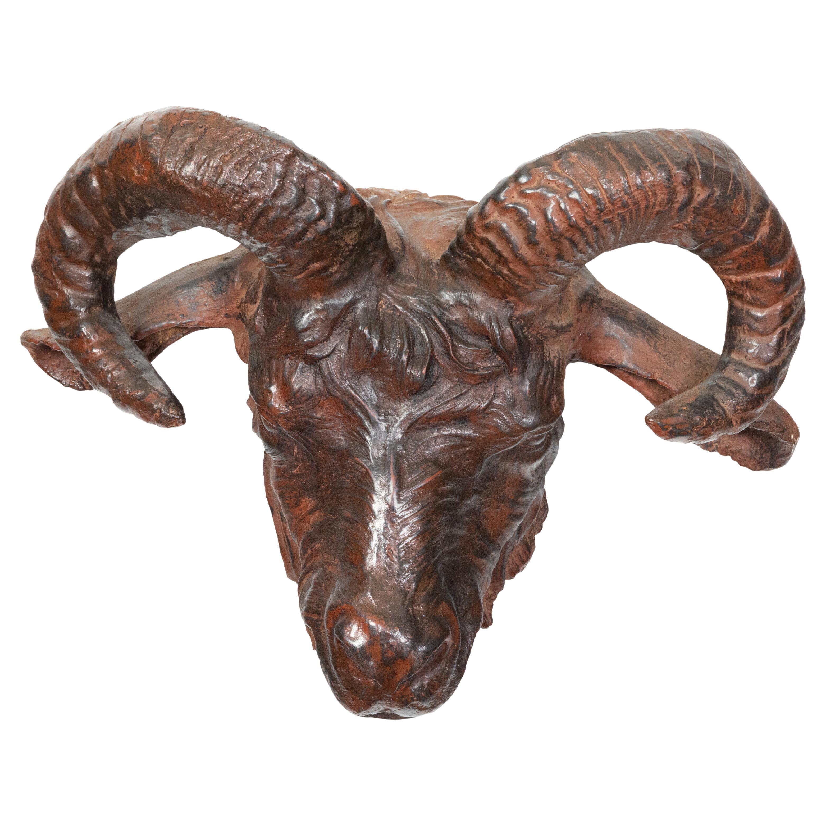Italian 19th Century Patinated Iron Ram's Head Sculpture with Rusty Finish