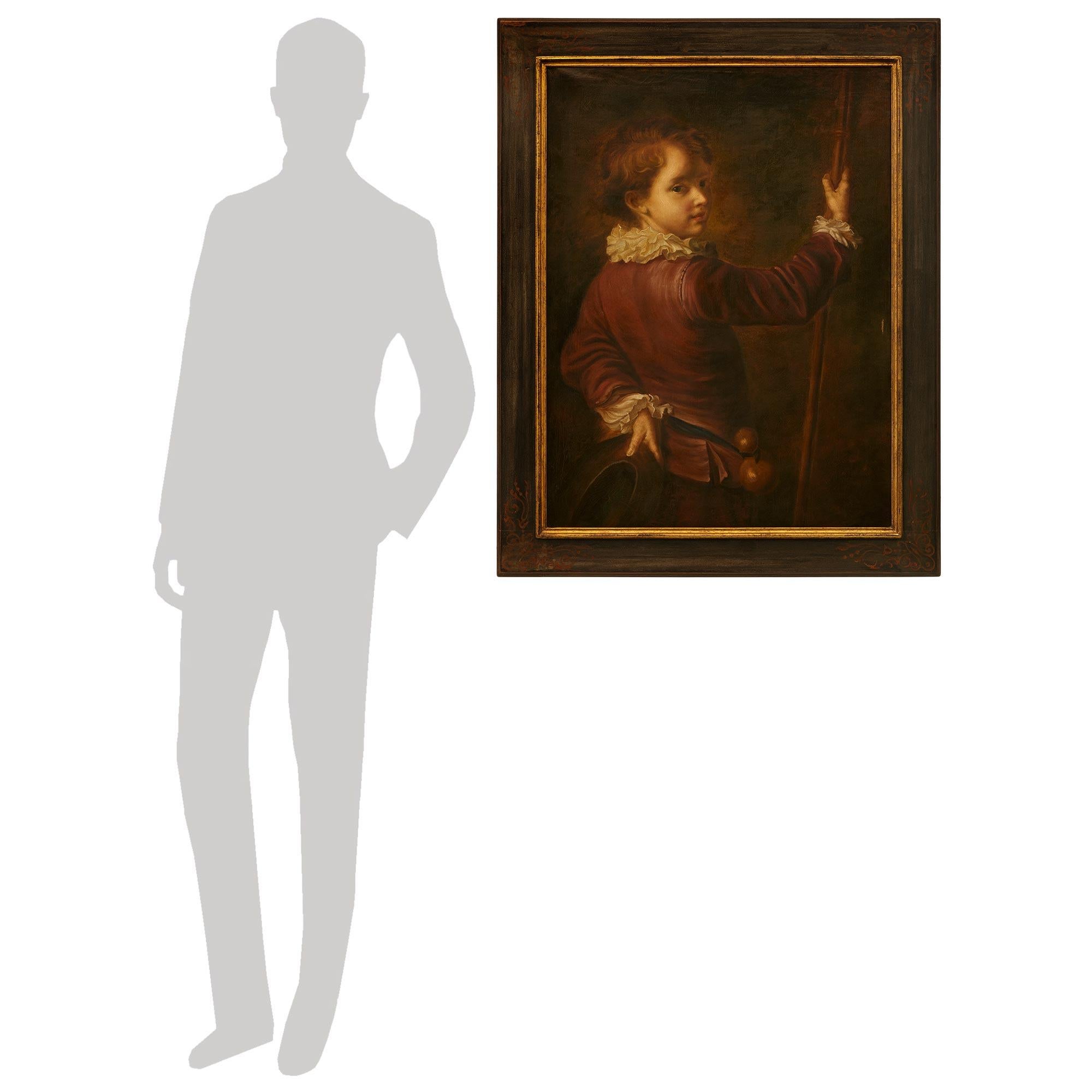 Eine charmante italienische 19. Jahrhundert patiniert Holz, Giltwood und Öl auf Leinwand Gemälde eines jungen Mannes, in der Art der  Alexis Grimou. Dieses wunderbare Öl auf Leinwand Schulgemälde zeigt einen Jungen in einem roten Anzug, der einen