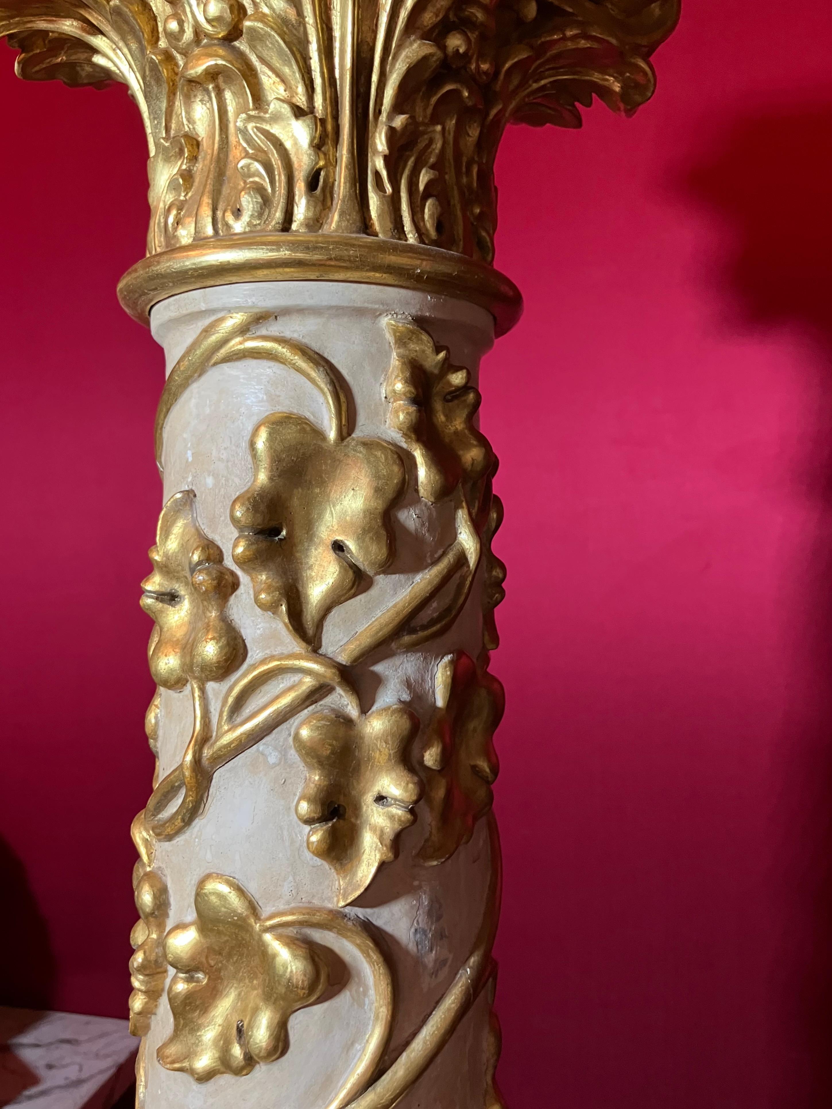 Napoleon III Italian 19th Century Pedestal Column White Lacquer and Gold Leaf, Vine Leaves For Sale