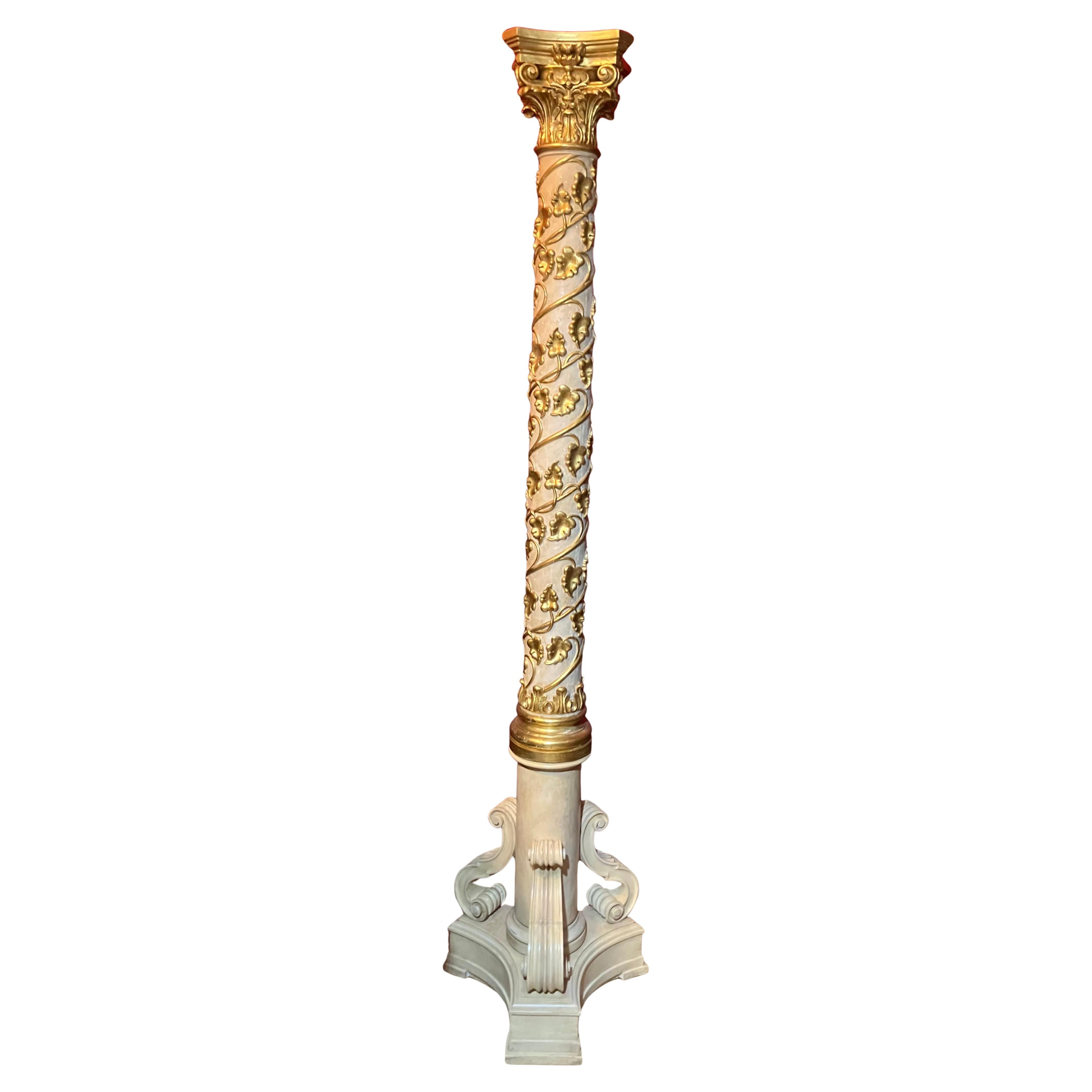 Italian 19th Century Pedestal Column White Lacquer and Gold Leaf, Vine Leaves For Sale
