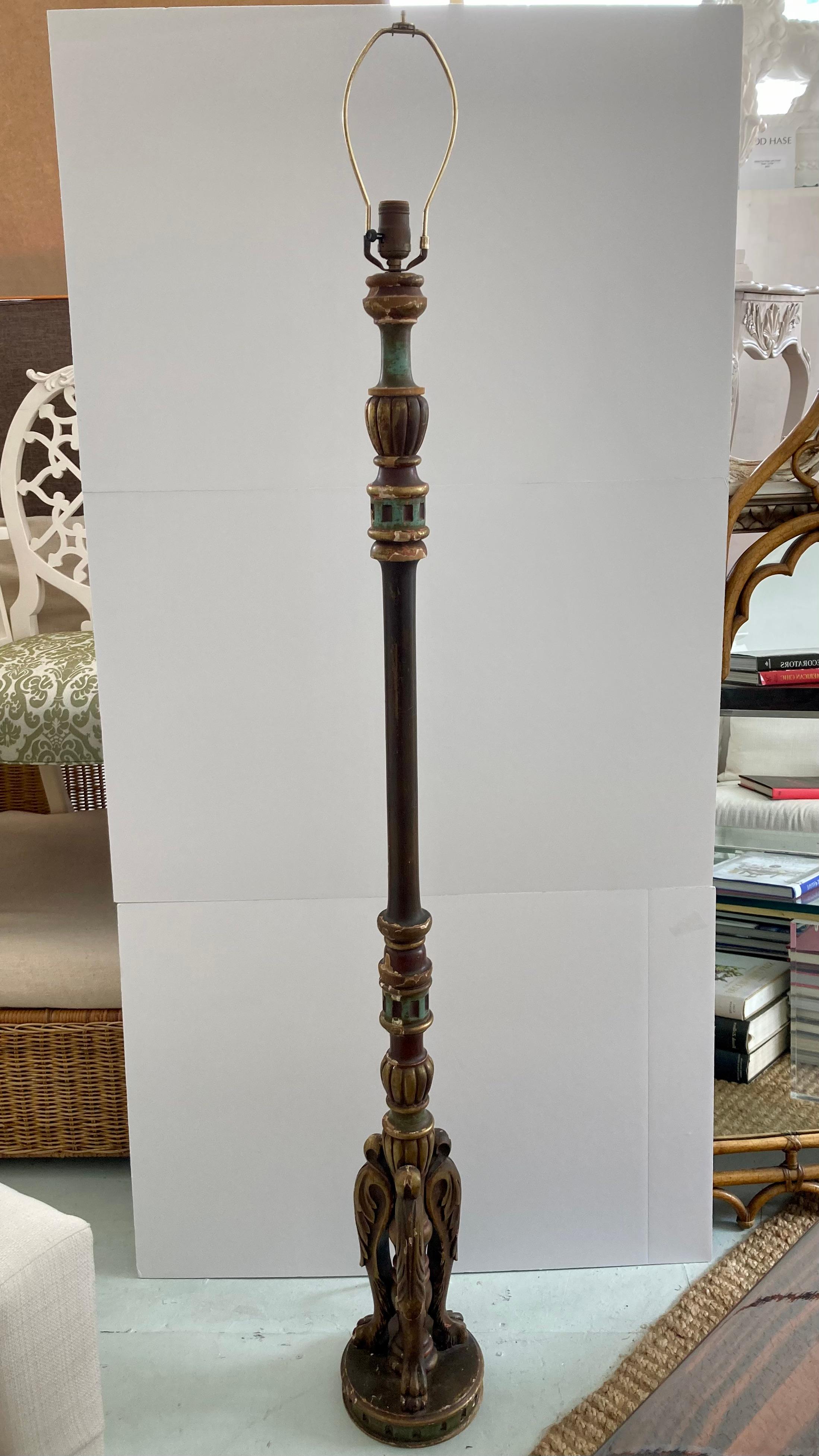 Italian 19th Century polychrome wood floor lamp. Amazing hand painted details and wood carvings. Some chips and wear but add to the original character.