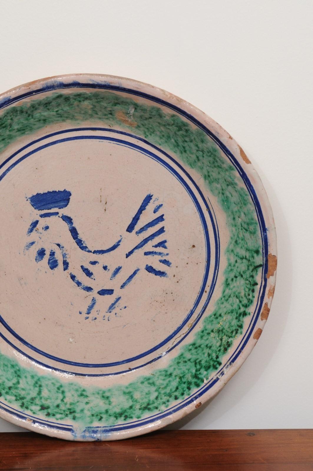 Italian 19th Century Pottery Plate with Blue Stylized Rooster and Green Accents 1