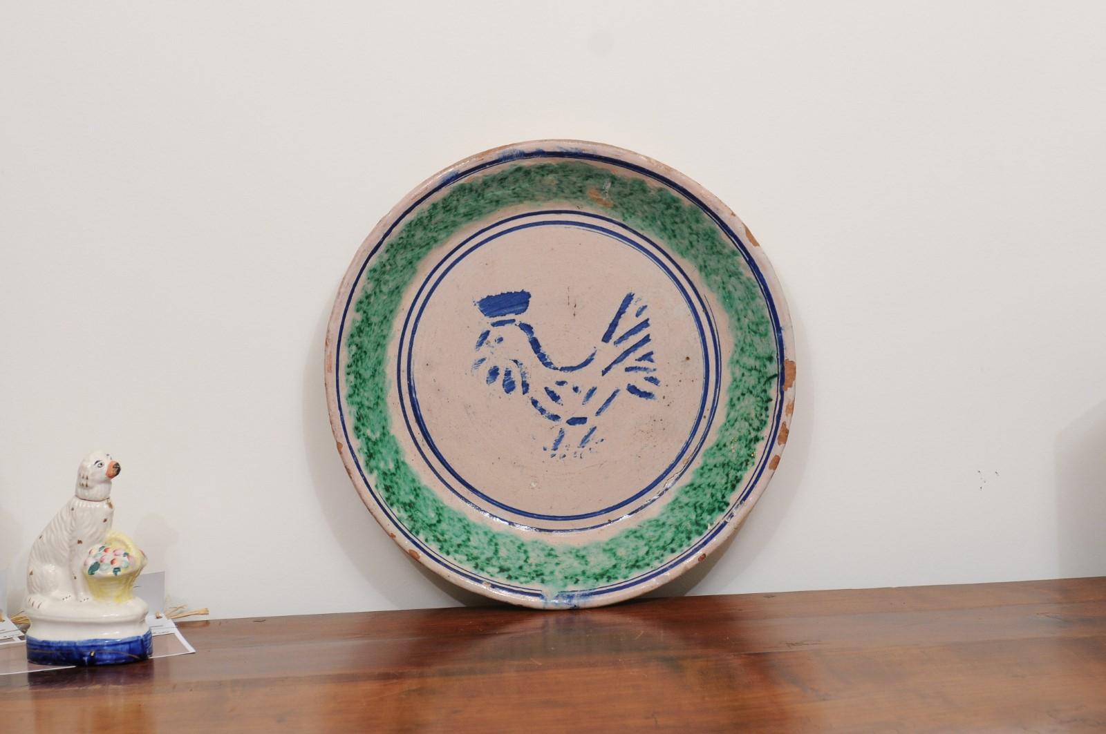 Italian 19th Century Pottery Plate with Blue Stylized Rooster and Green Accents 2