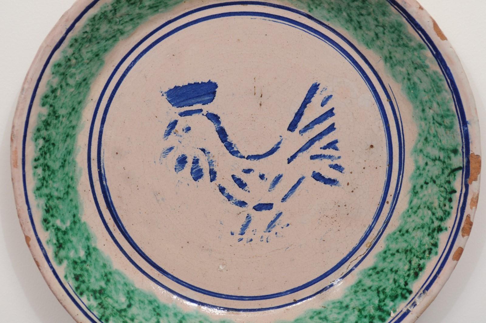 Italian 19th Century Pottery Plate with Blue Stylized Rooster and Green Accents 4