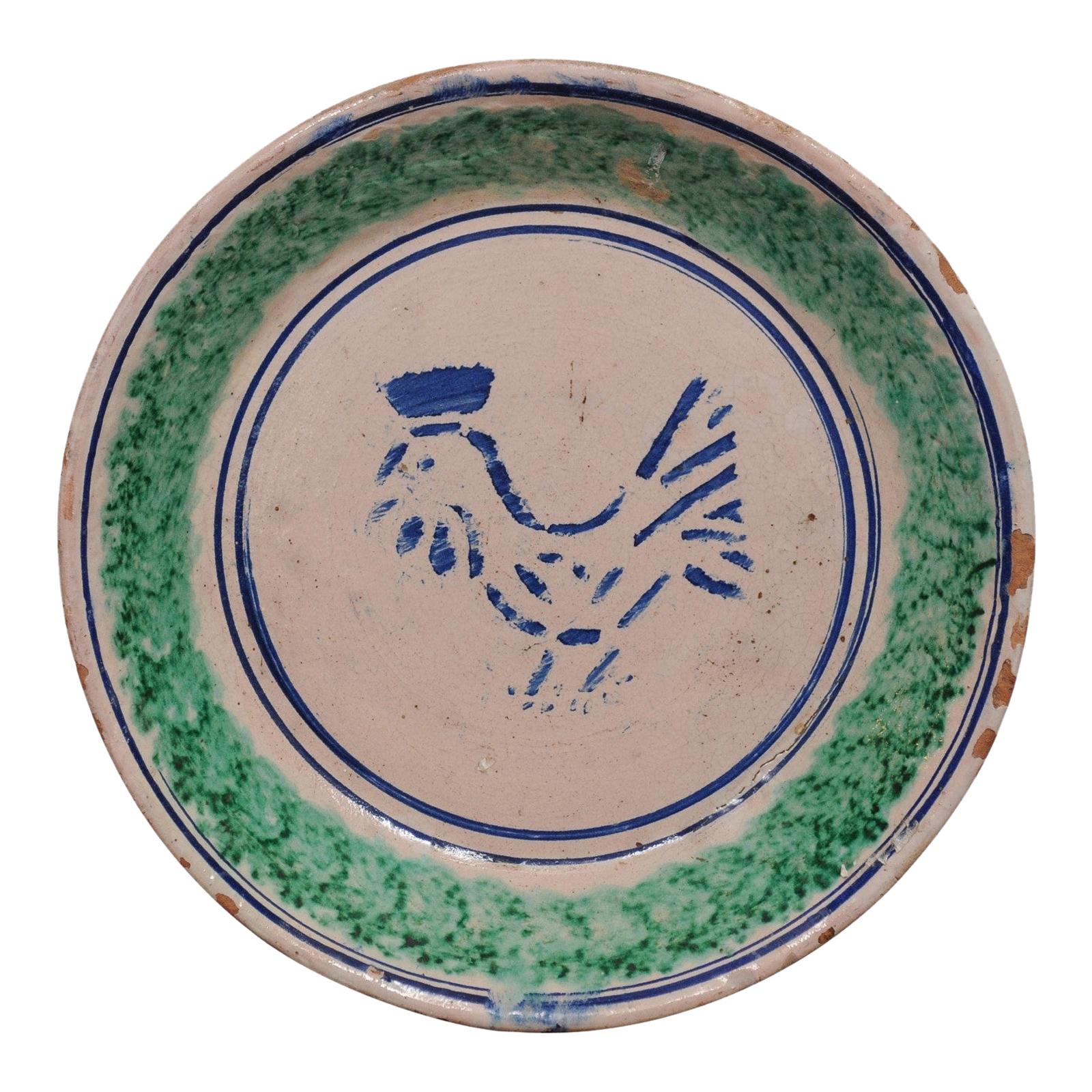 Italian 19th Century Pottery Plate with Blue Stylized Rooster and Green Accents