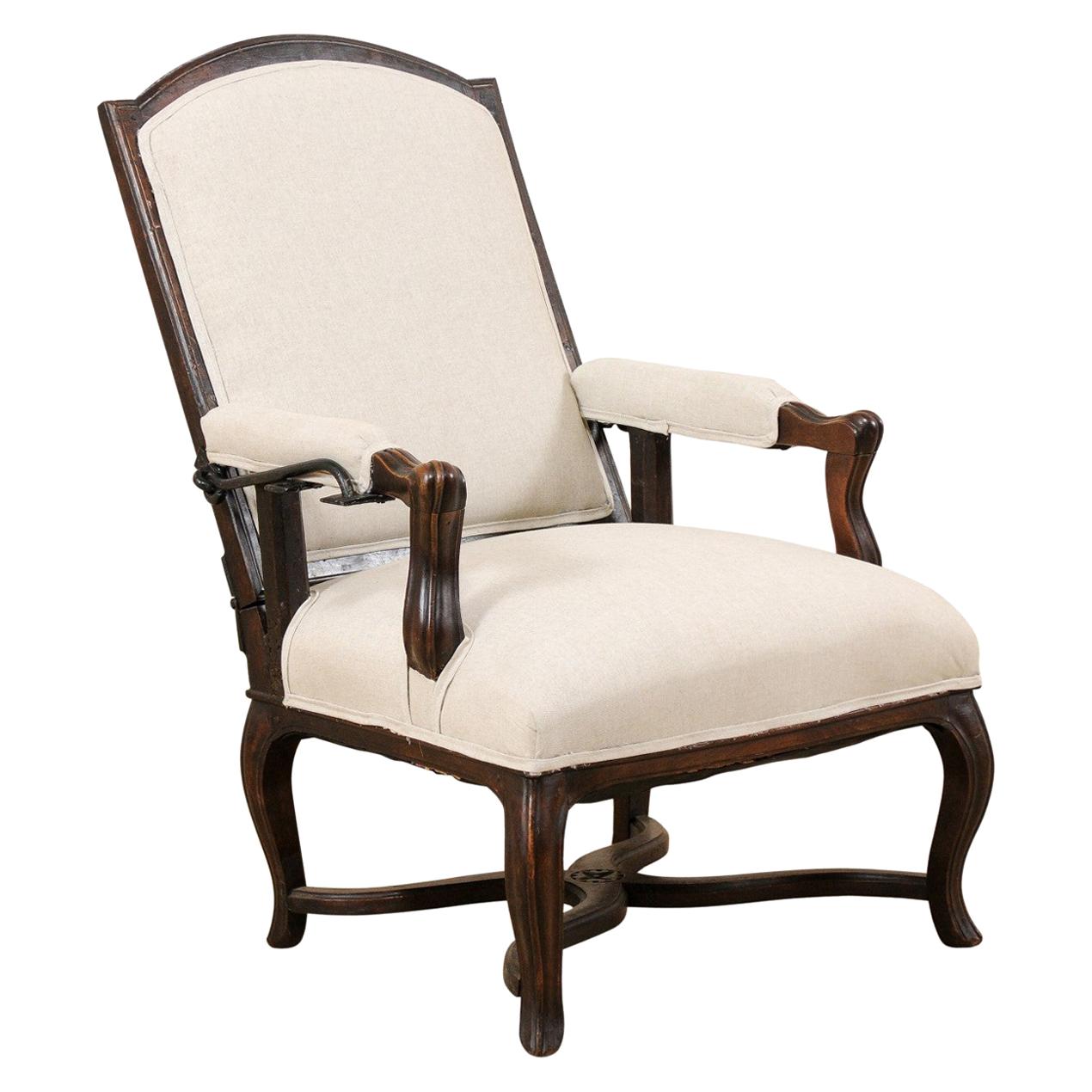 Italian 19th Century Reclining Wood and Upholstered Armchair
