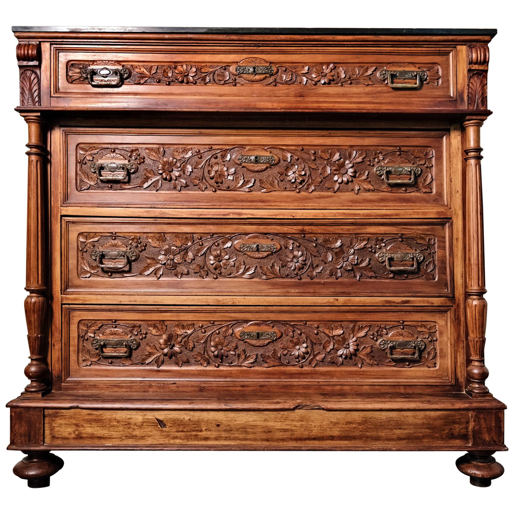 Italian 19th Century Renaissance Carved Walnut Commode For Sale