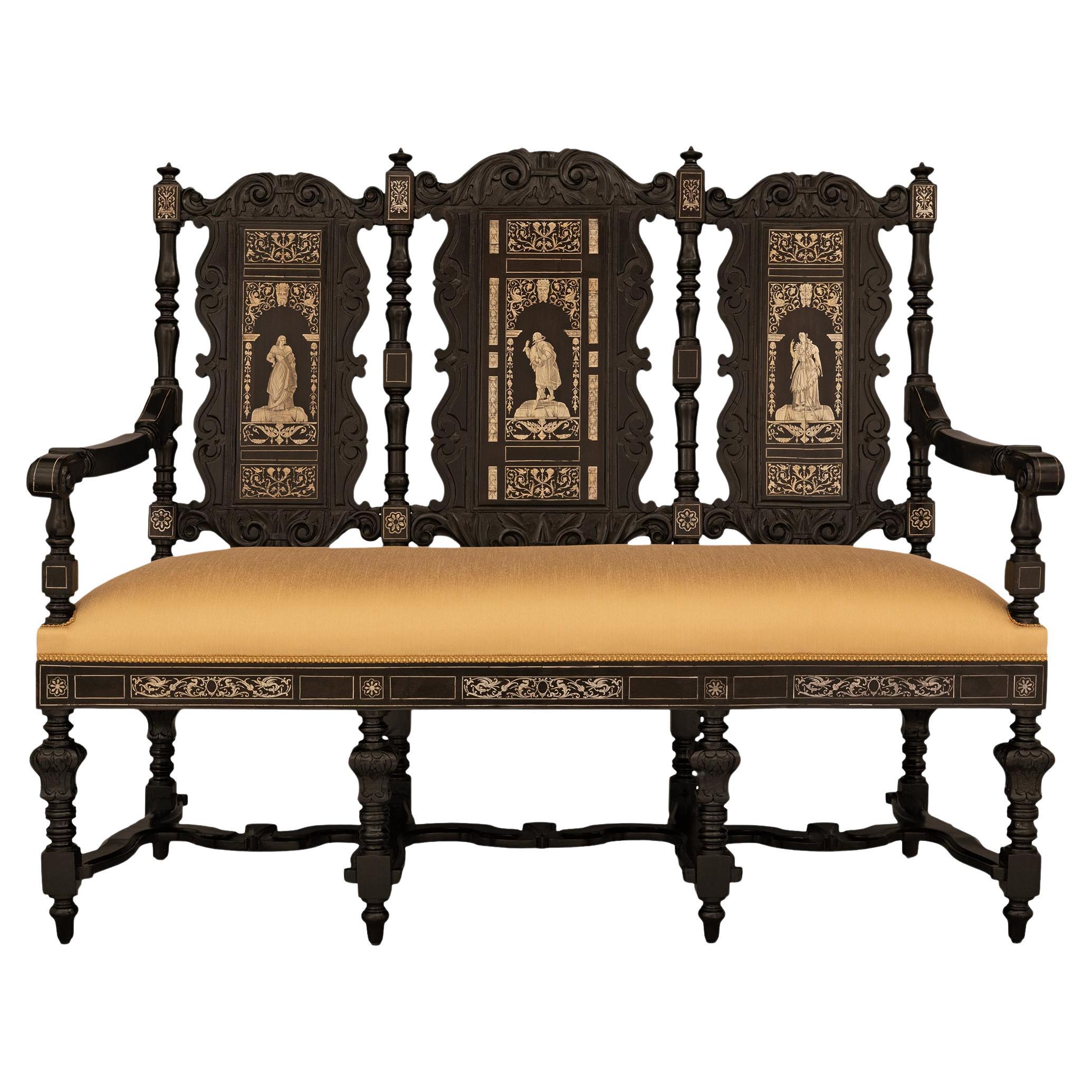 Italian 19th century Renaissance st. Ebony and Bone inlayed Settee