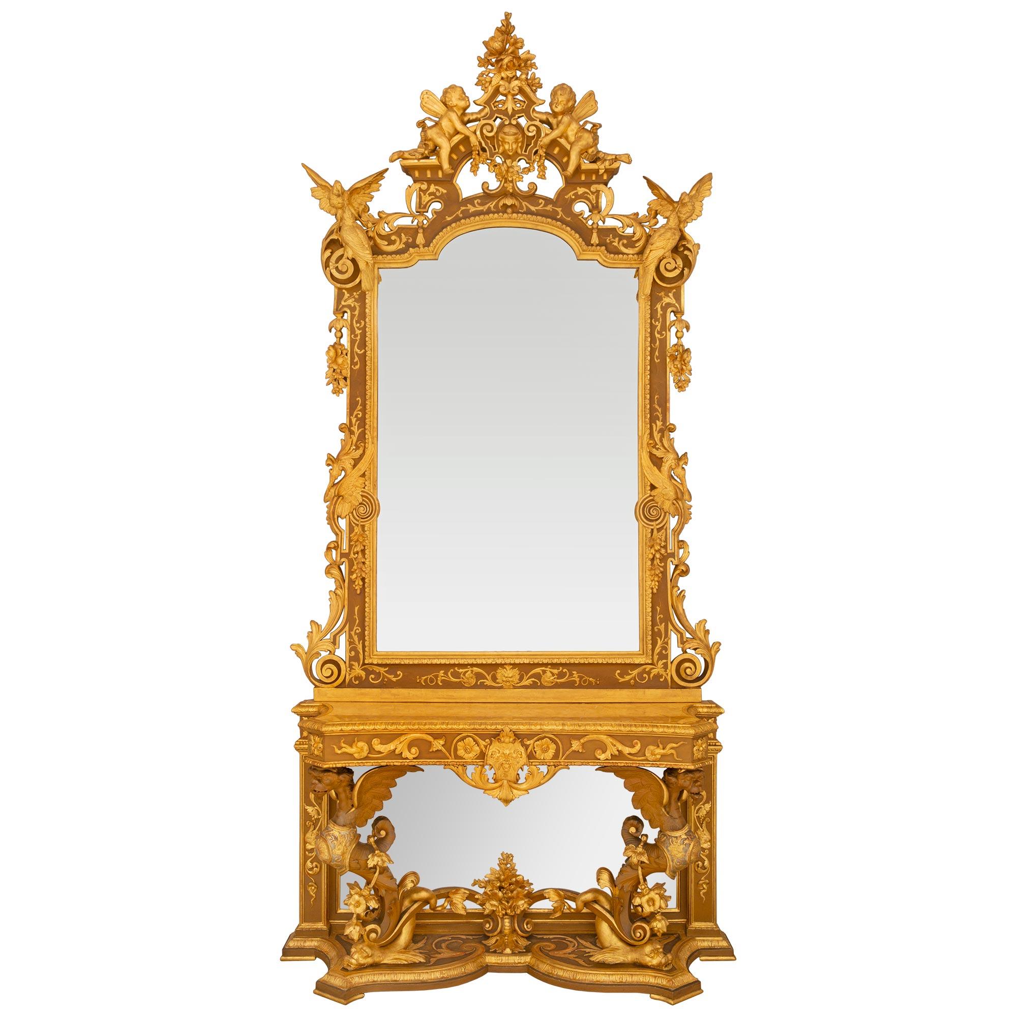Italian 19th Century Renaissance St. Giltwood And Silver Leaf Console And Mirror For Sale 11