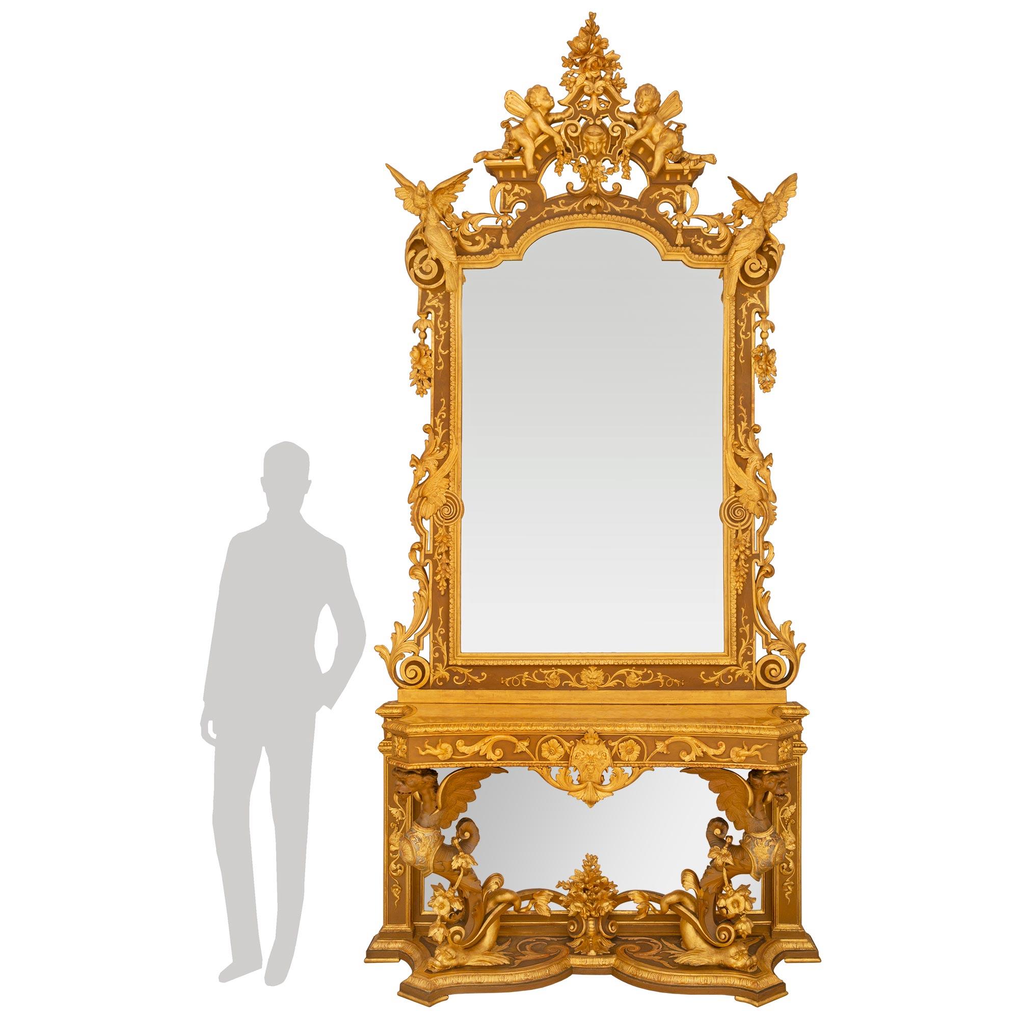 Italian 19th Century Renaissance St. Giltwood And Silver Leaf Console And Mirror For Sale 12