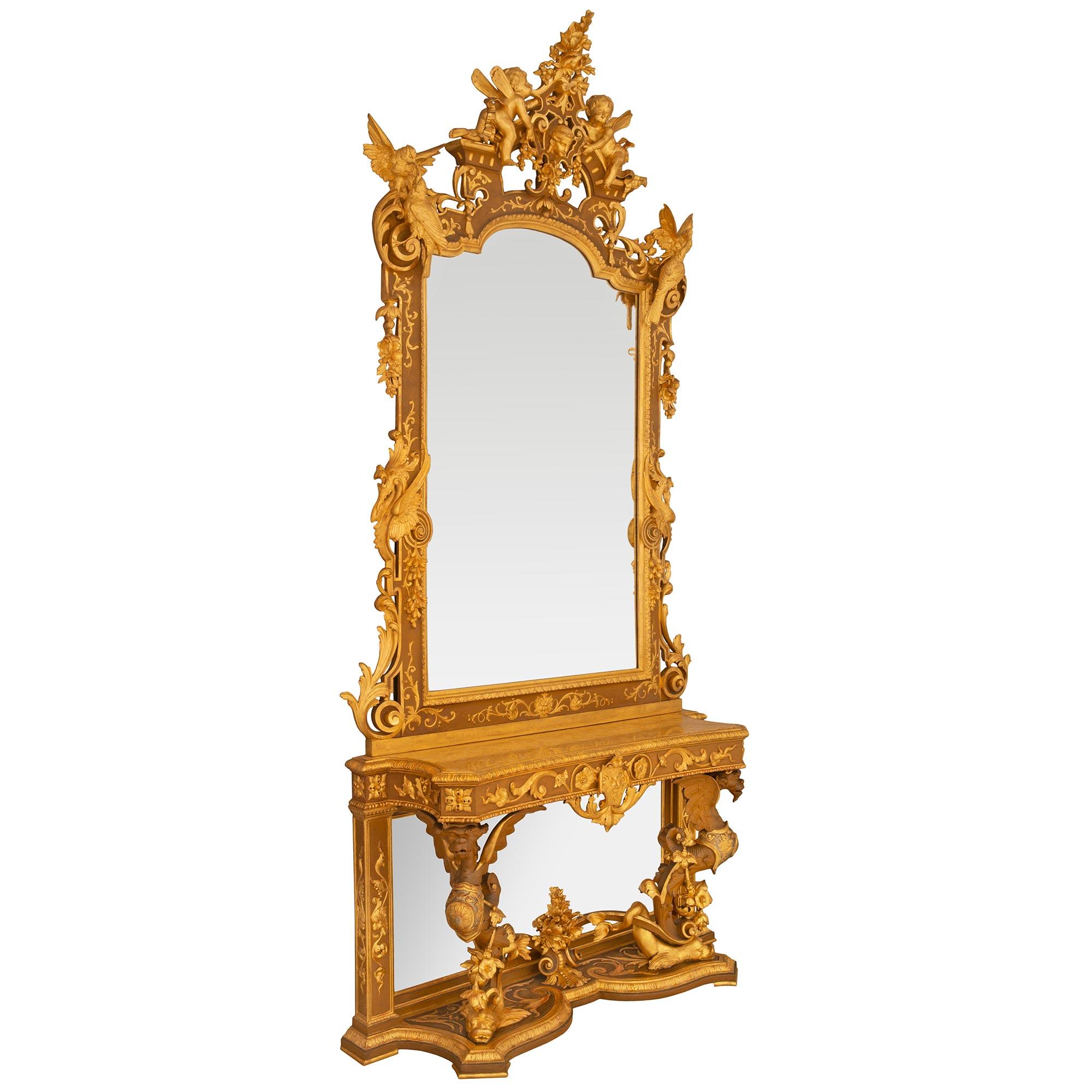 Patinated Italian 19th Century Renaissance St. Giltwood And Silver Leaf Console And Mirror For Sale
