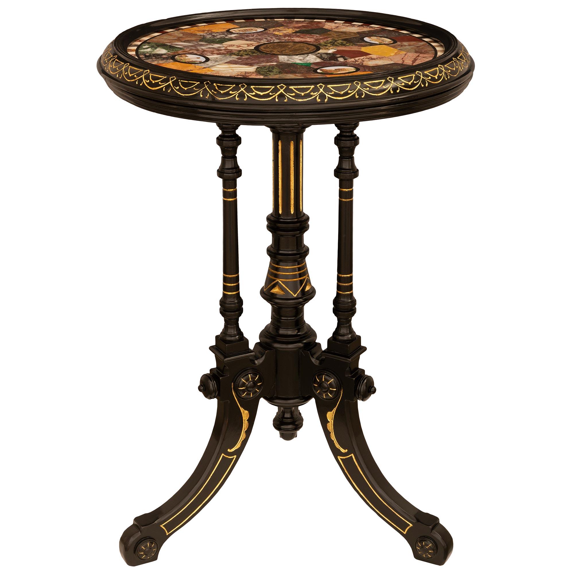 Ebonized Italian 19th Century Renaissance St. Specimen Marble And Micro-Mosaic Side Table For Sale