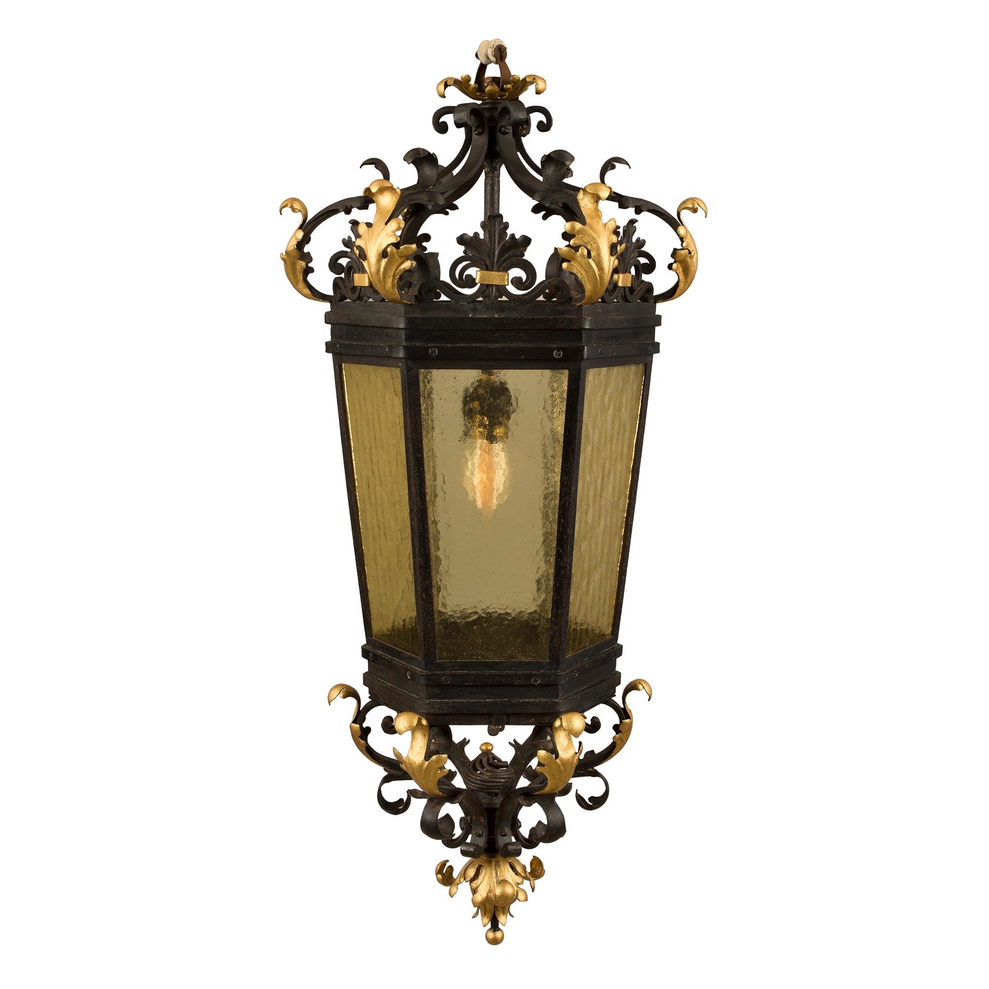 Italian 19th Century Renaissance Style Iron, Gilt Iron and Glass Lantern For Sale