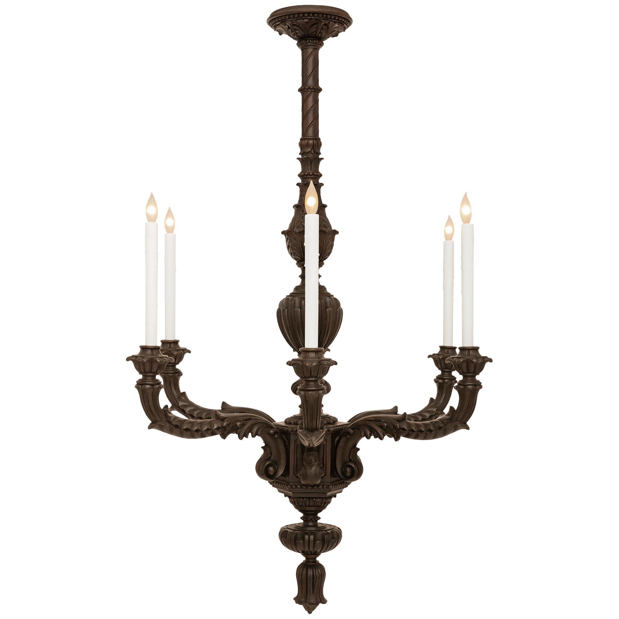 Italian 19th century patinated Oak chandelier In Good Condition For Sale In West Palm Beach, FL