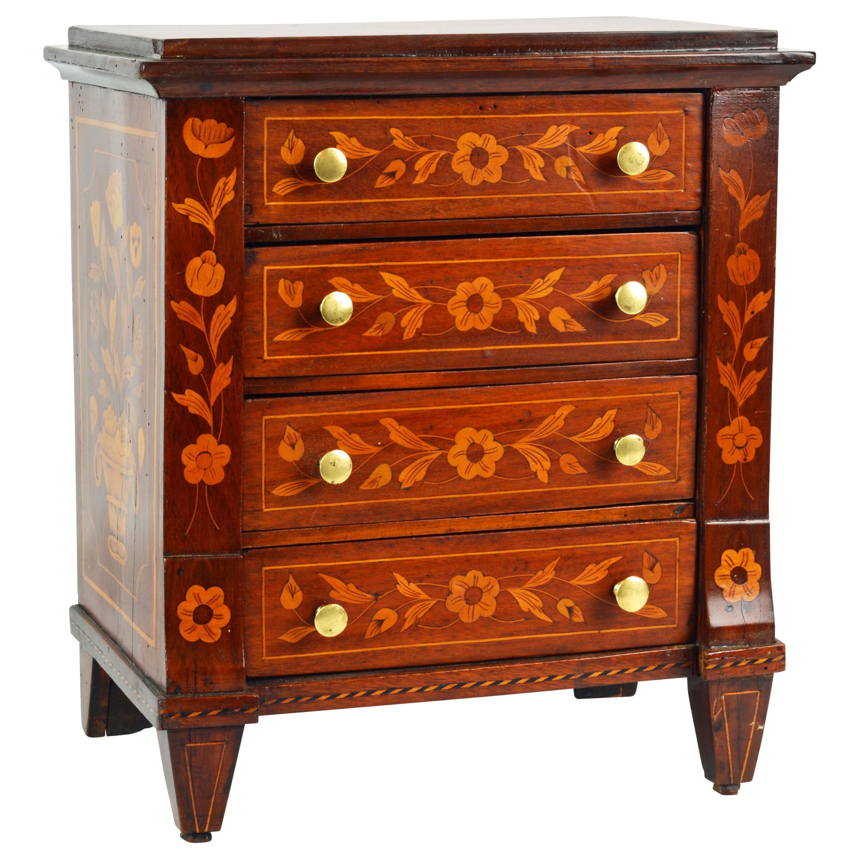 Italian 19th Century Richly Inlaid Miniature Chest of Drawers or Jewelry Chest