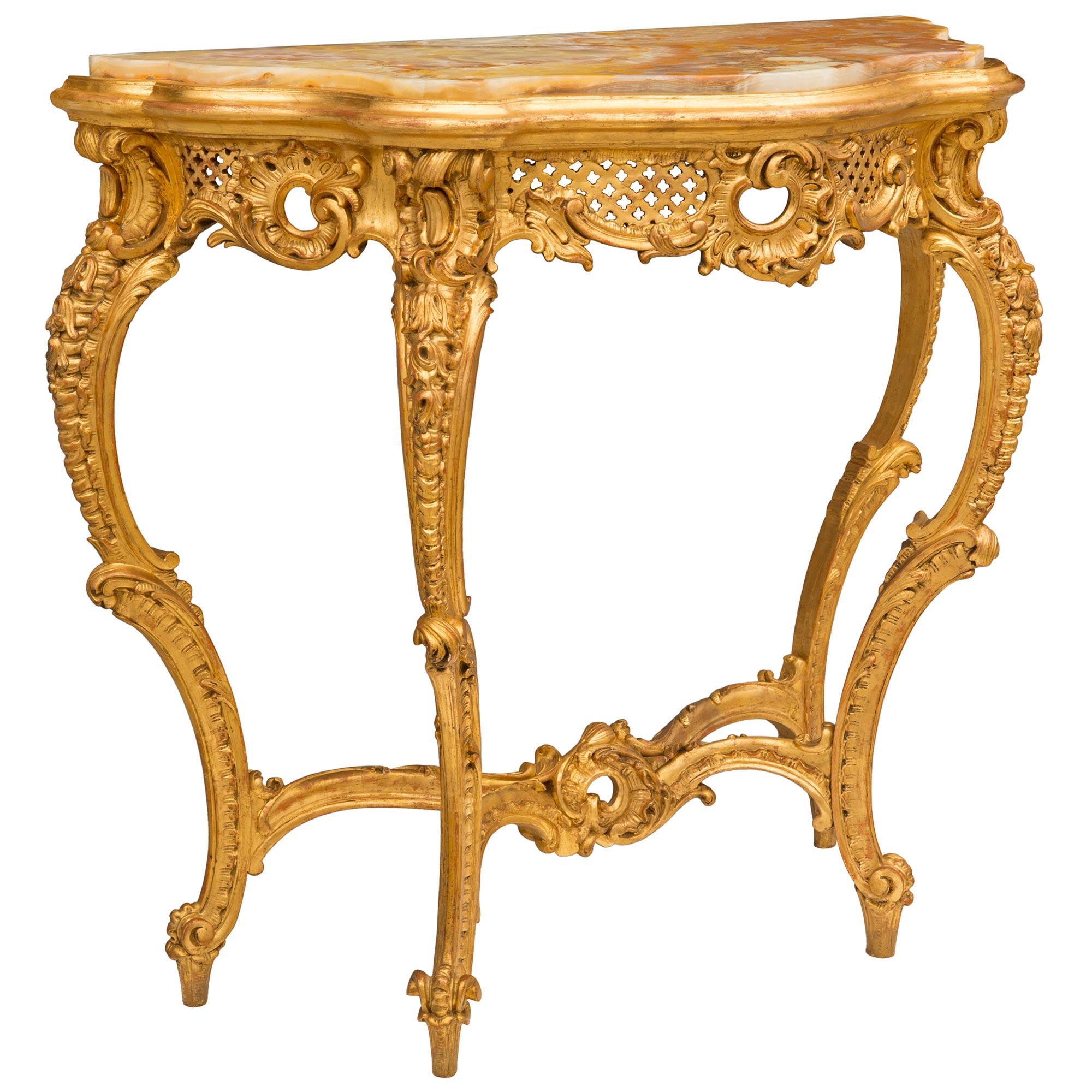 Rococo Console italienne rococo du 19ème siècle en bois doré et onyx en vente