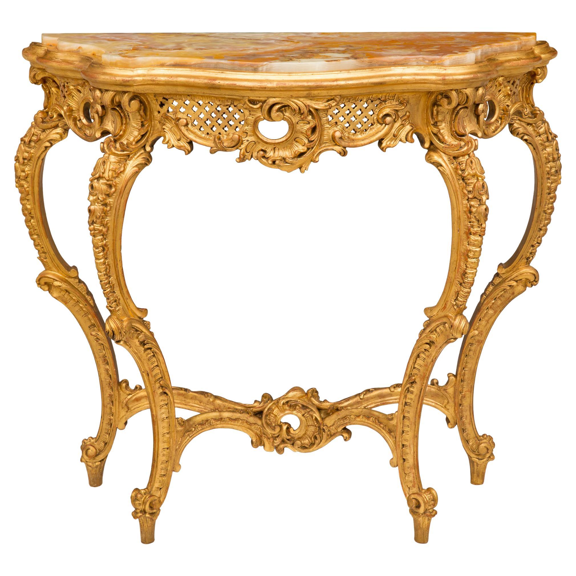 Italienische Konsole aus vergoldetem Holz und Onyx im Rokokostil des 19. Jahrhunderts