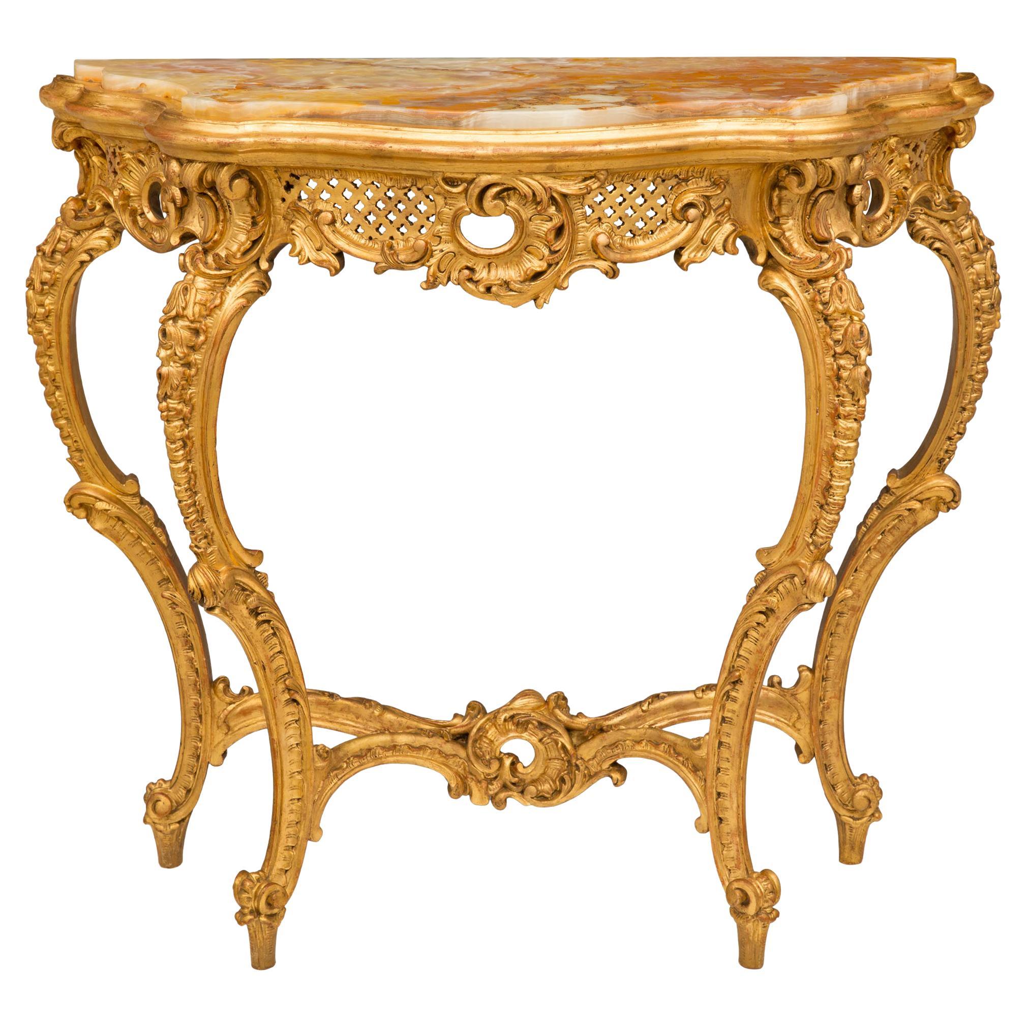 Console italienne rococo du 19ème siècle en bois doré et onyx