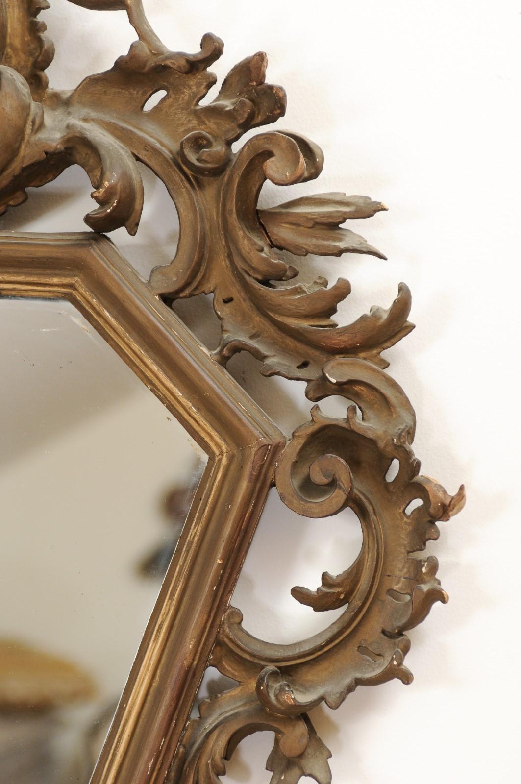Italian 19th Century Rococo Style Carved Mirror with Traces of Gilt and Scrolls For Sale 7