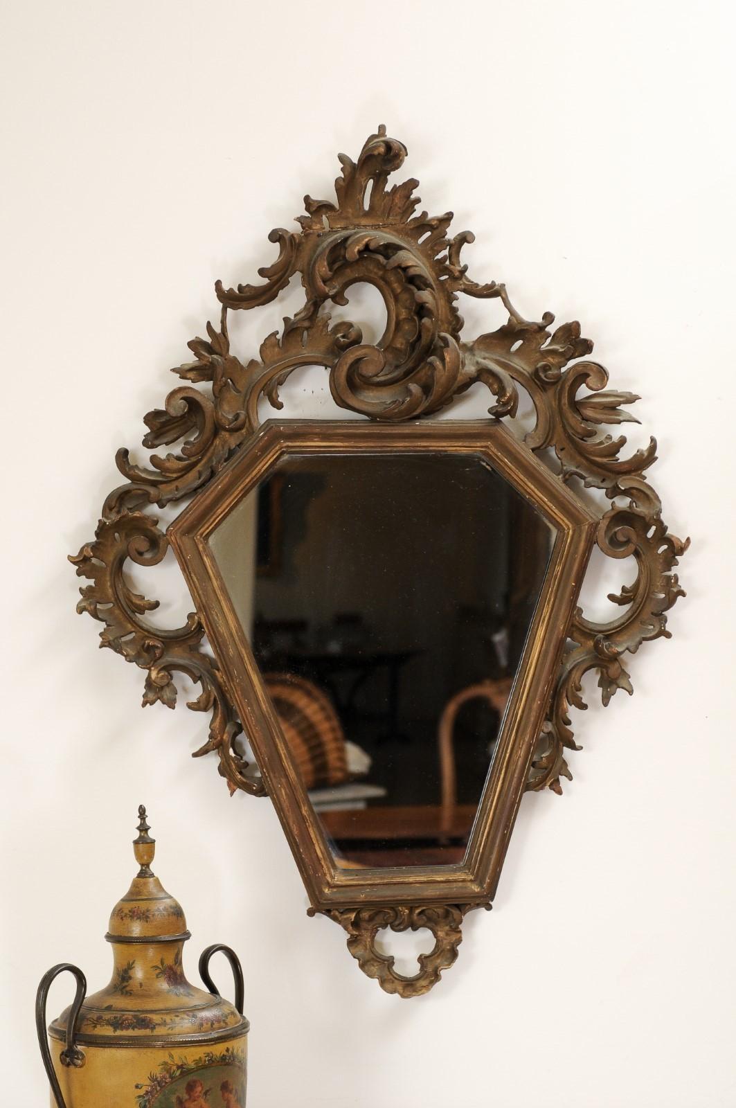 Italian 19th Century Rococo Style Carved Mirror with Traces of Gilt and Scrolls In Good Condition For Sale In Atlanta, GA