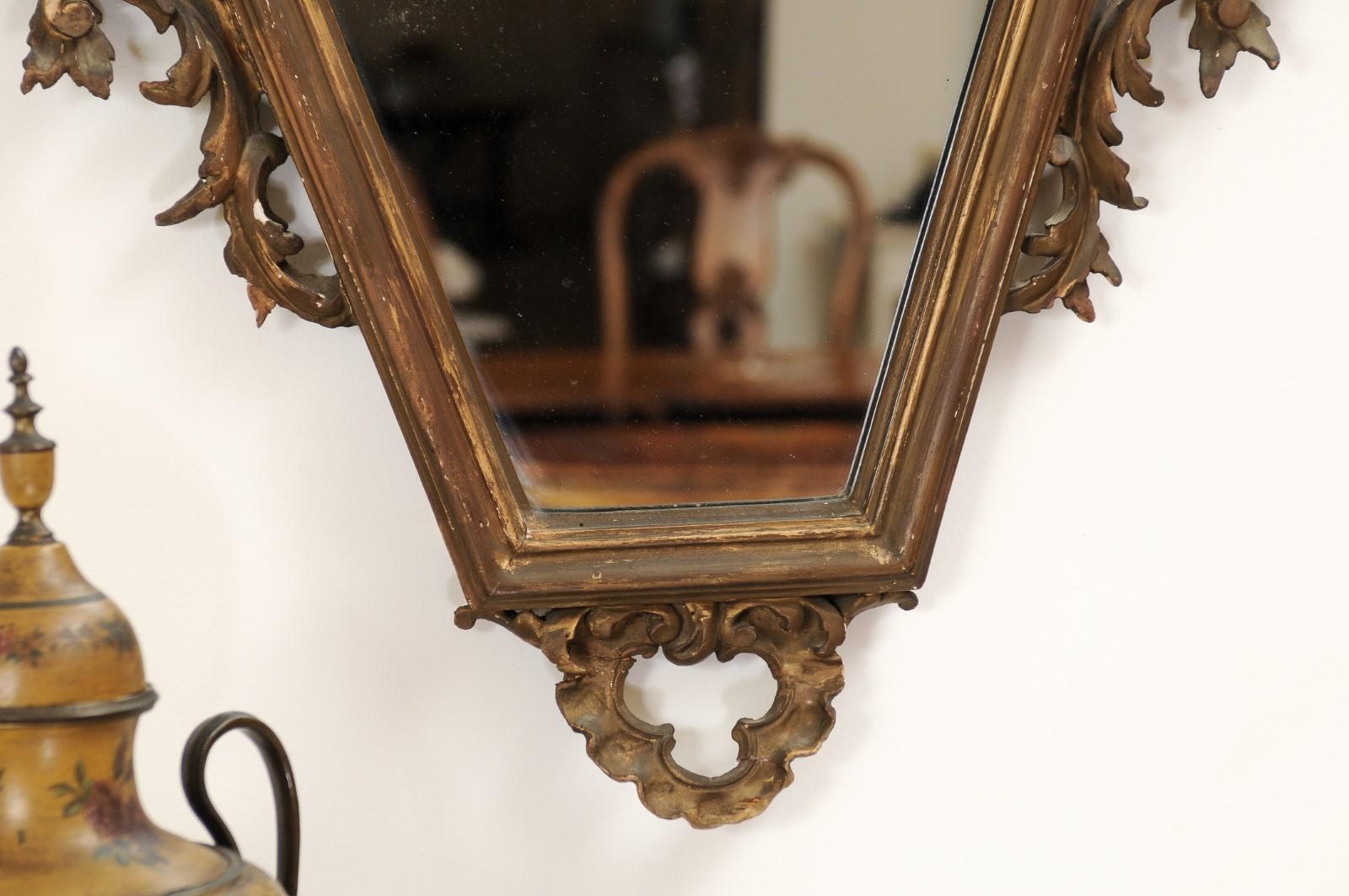 Wood Italian 19th Century Rococo Style Carved Mirror with Traces of Gilt and Scrolls For Sale