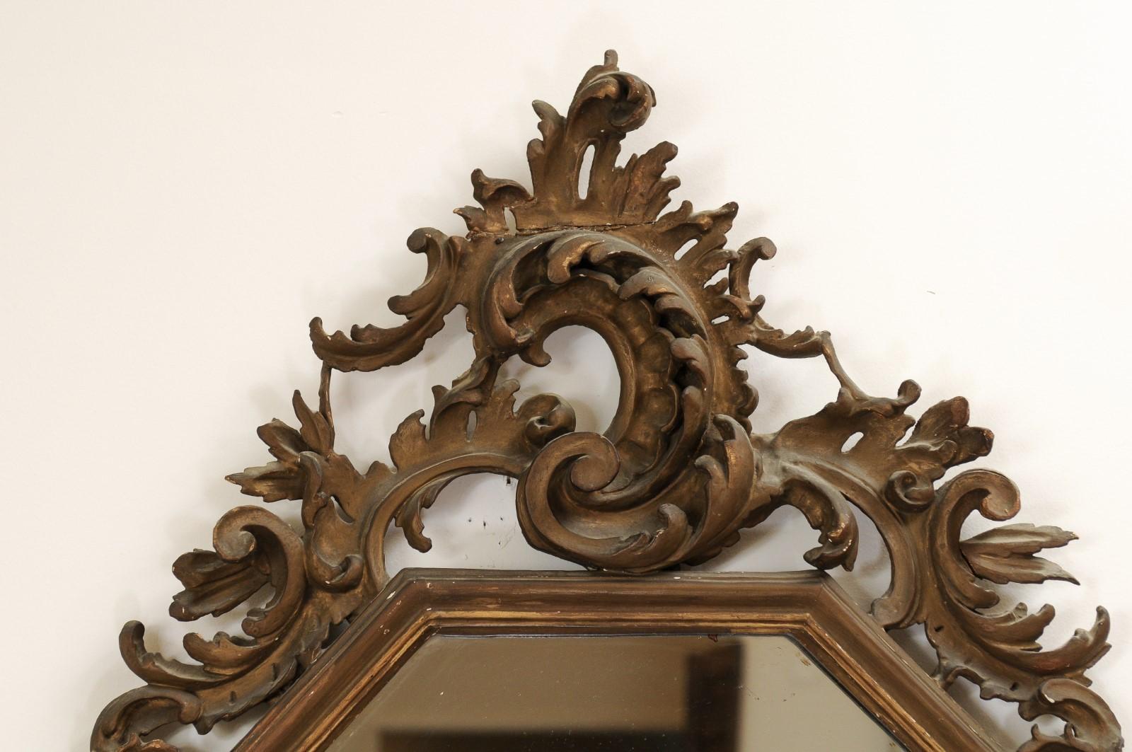 Italian 19th Century Rococo Style Carved Mirror with Traces of Gilt and Scrolls For Sale 2