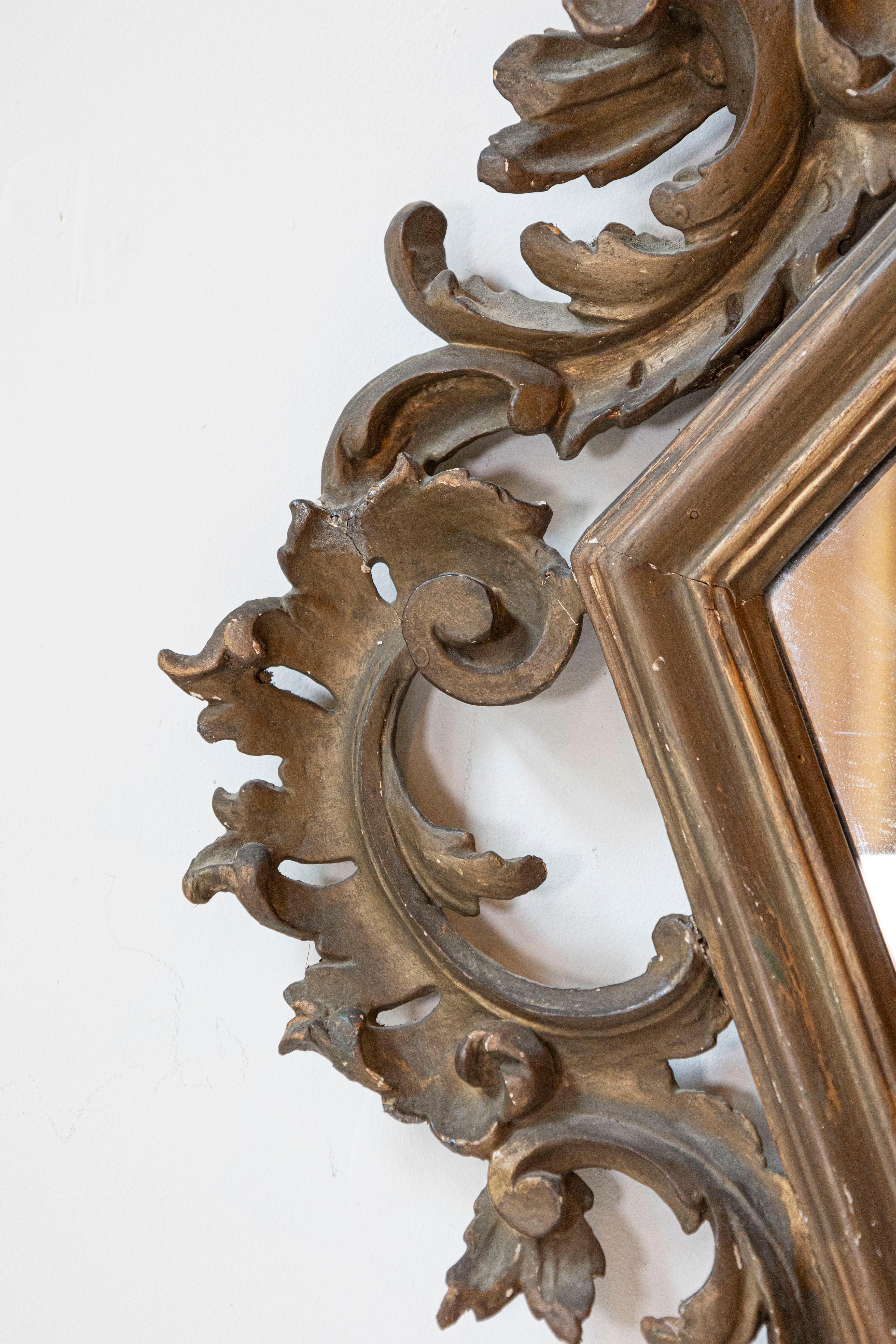 Italian 19th Century Rococo Style Carved Mirror with Traces of Gilt and Scrolls For Sale 3