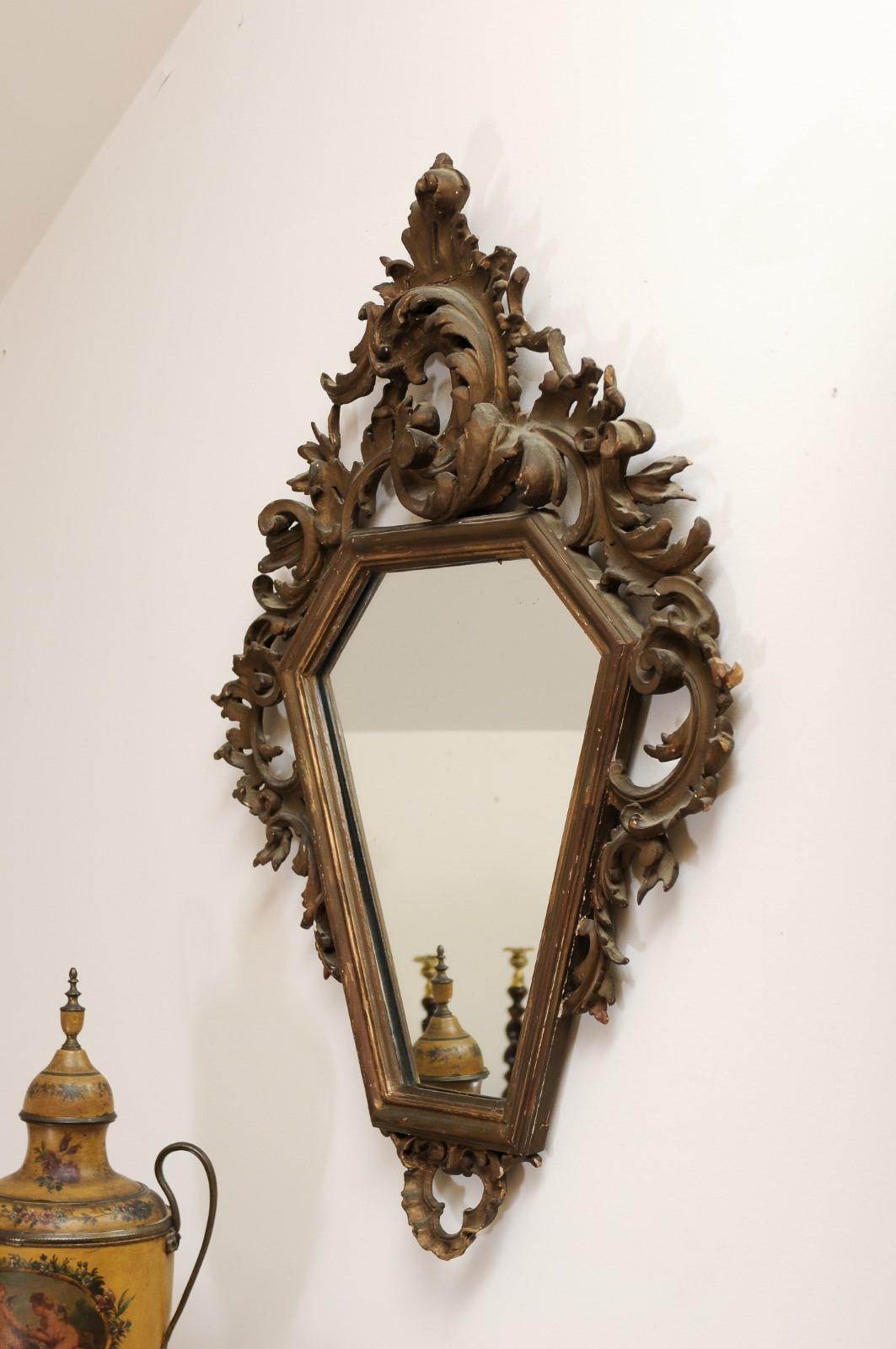 Italian 19th Century Rococo Style Carved Mirror with Traces of Gilt and Scrolls For Sale 3