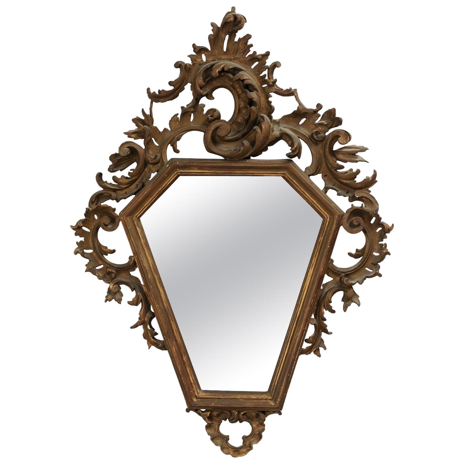 Italian 19th Century Rococo Style Carved Mirror with Traces of Gilt and Scrolls