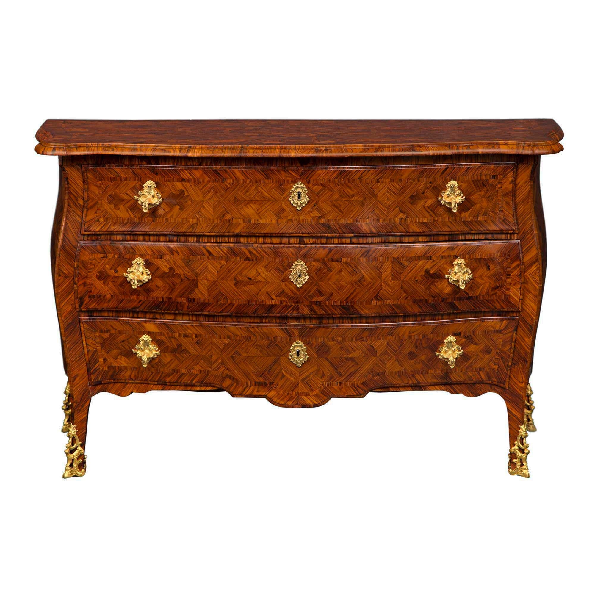 A sensational and extremely high-quality pair of Italian 19th century Louis XV period, rosewood and ormolu three drawer chests. The chests are raised on cabriole legs with ormolu sabots. The three drawers have a scrolled bottom frieze and are