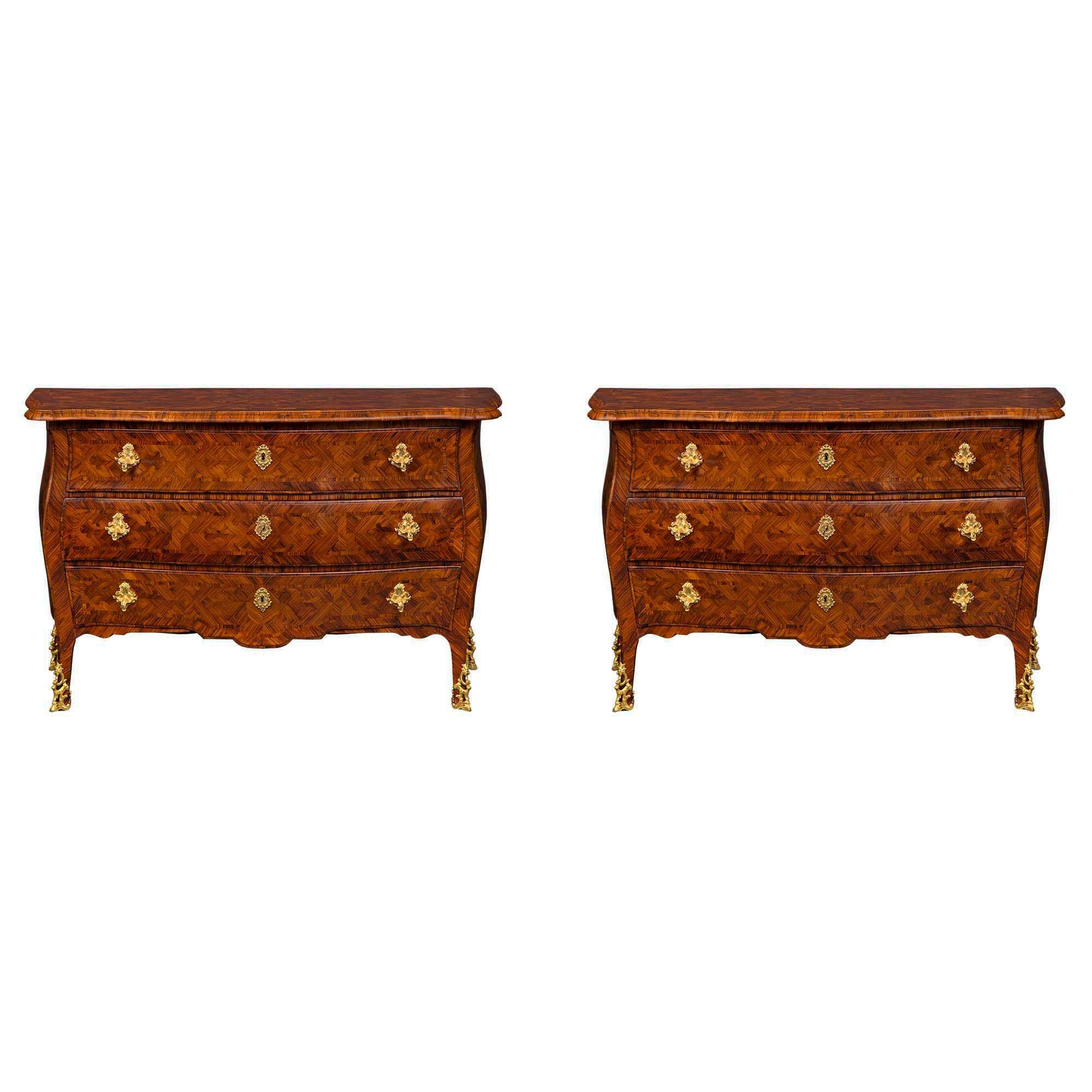 Italian 19th Century Rosewood Parquetry and Ormolu Three-Drawer Chests