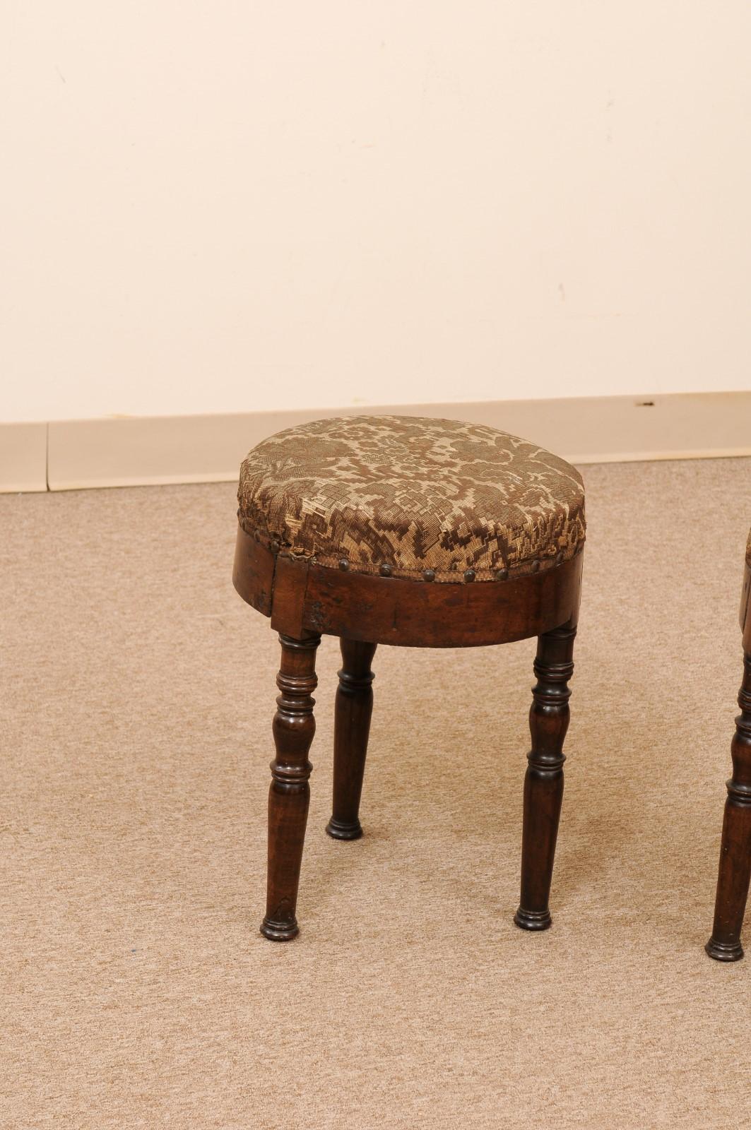 Upholstery Italian 19th Century Round Walnut Stools with Turned Legs For Sale