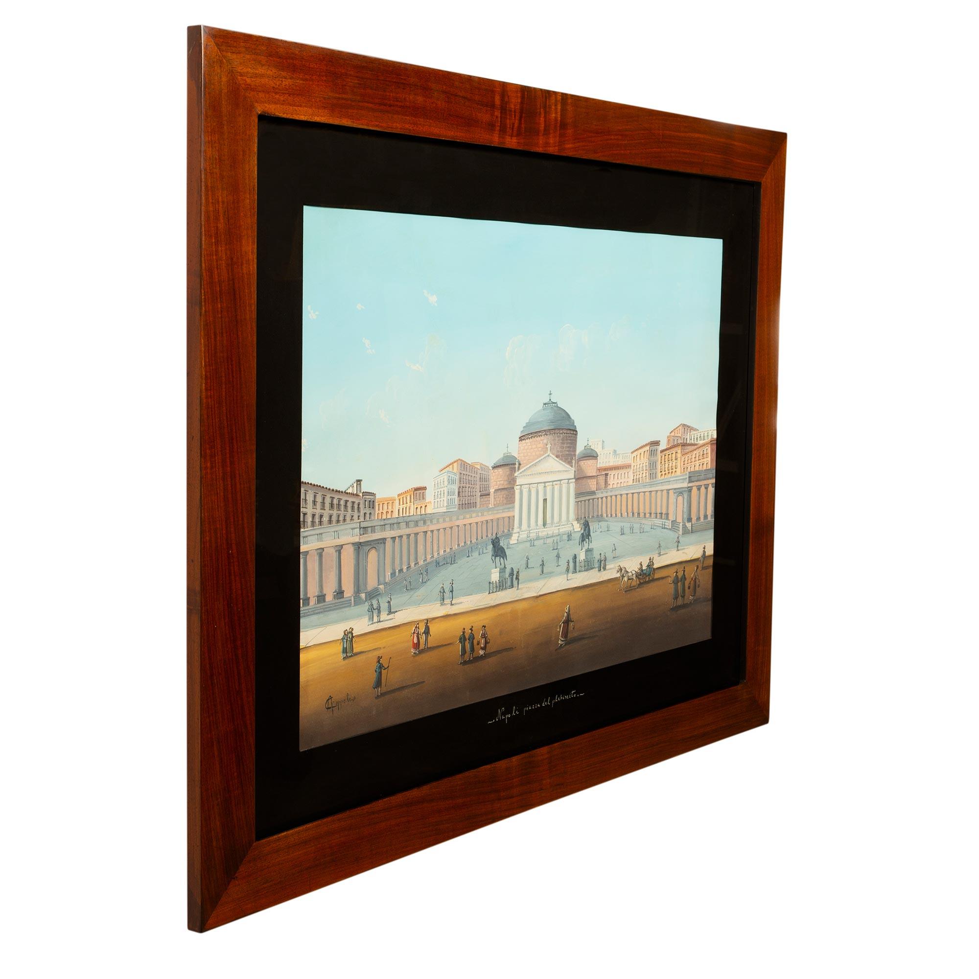 Une merveilleuse et grande gouache italienne signée du 19ème siècle, encadrée dans un cadre rectangulaire en acajou. Cette gouache richement détaillée représente Piazze Del Plebiscito, la célèbre place publique de Naples. La Piazza est représentée