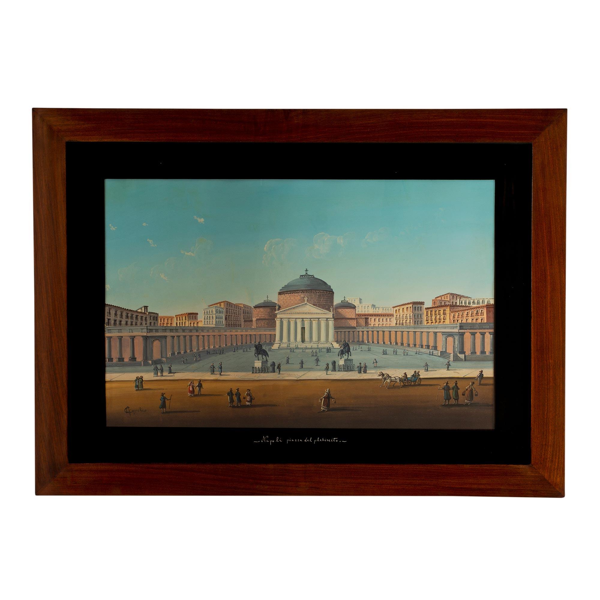 Italian 19th Century Signed Gouache, Framed within a Rectangular Mahogany Frame For Sale