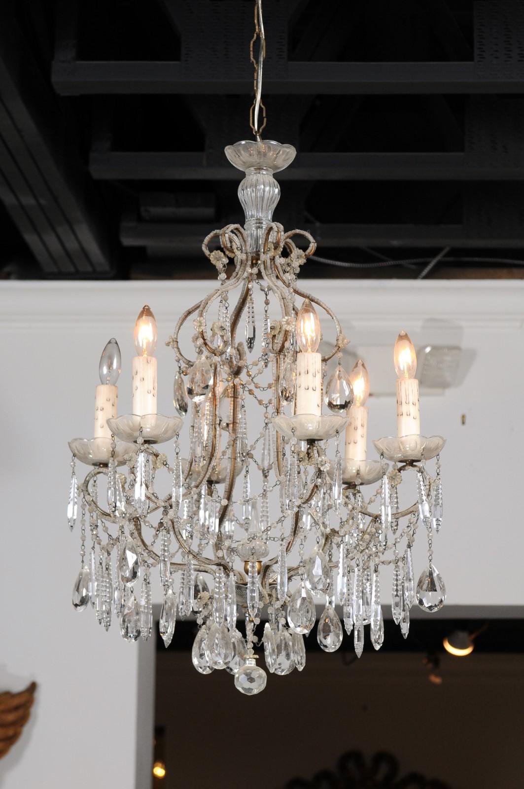 Italian 19th Century Six-Light Chandelier with Beaded Arms and Spear Crystals For Sale 5