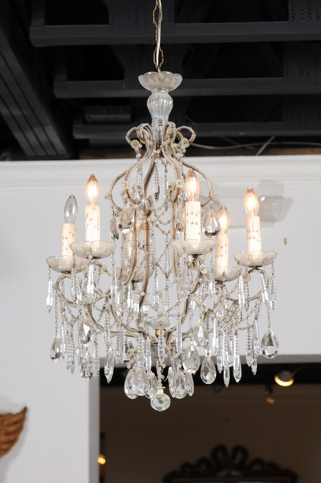 Italian 19th Century Six-Light Chandelier with Beaded Arms and Spear Crystals For Sale 6