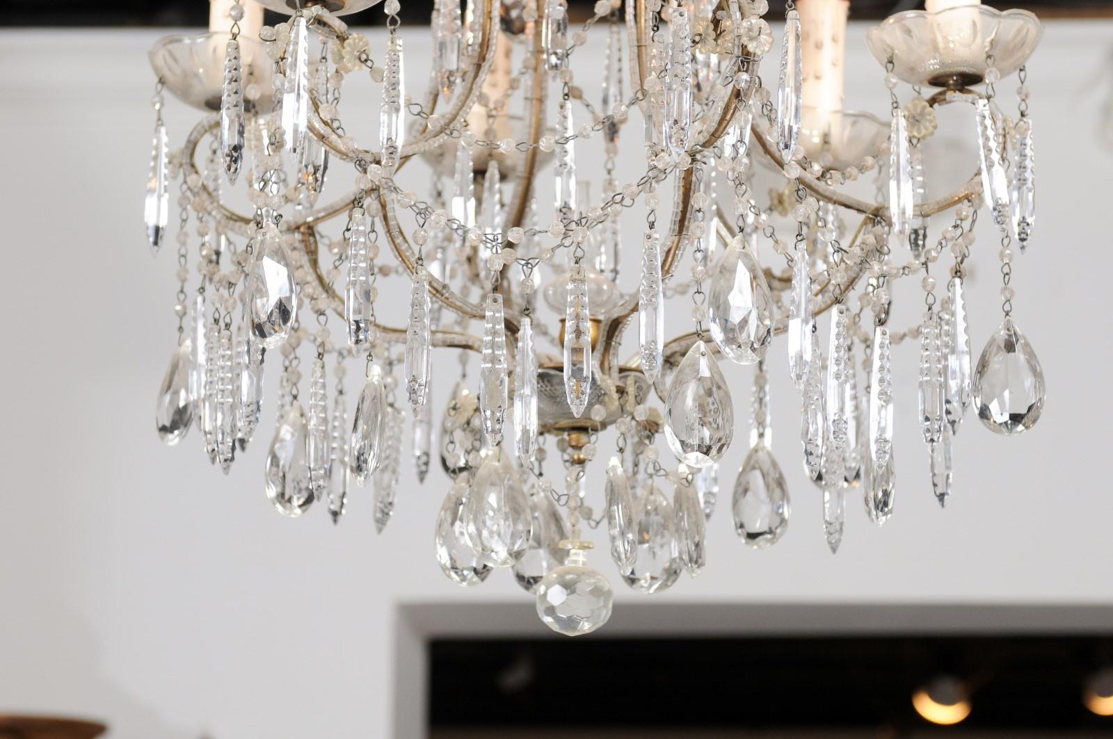 Italian 19th Century Six-Light Chandelier with Beaded Arms and Spear Crystals For Sale 7
